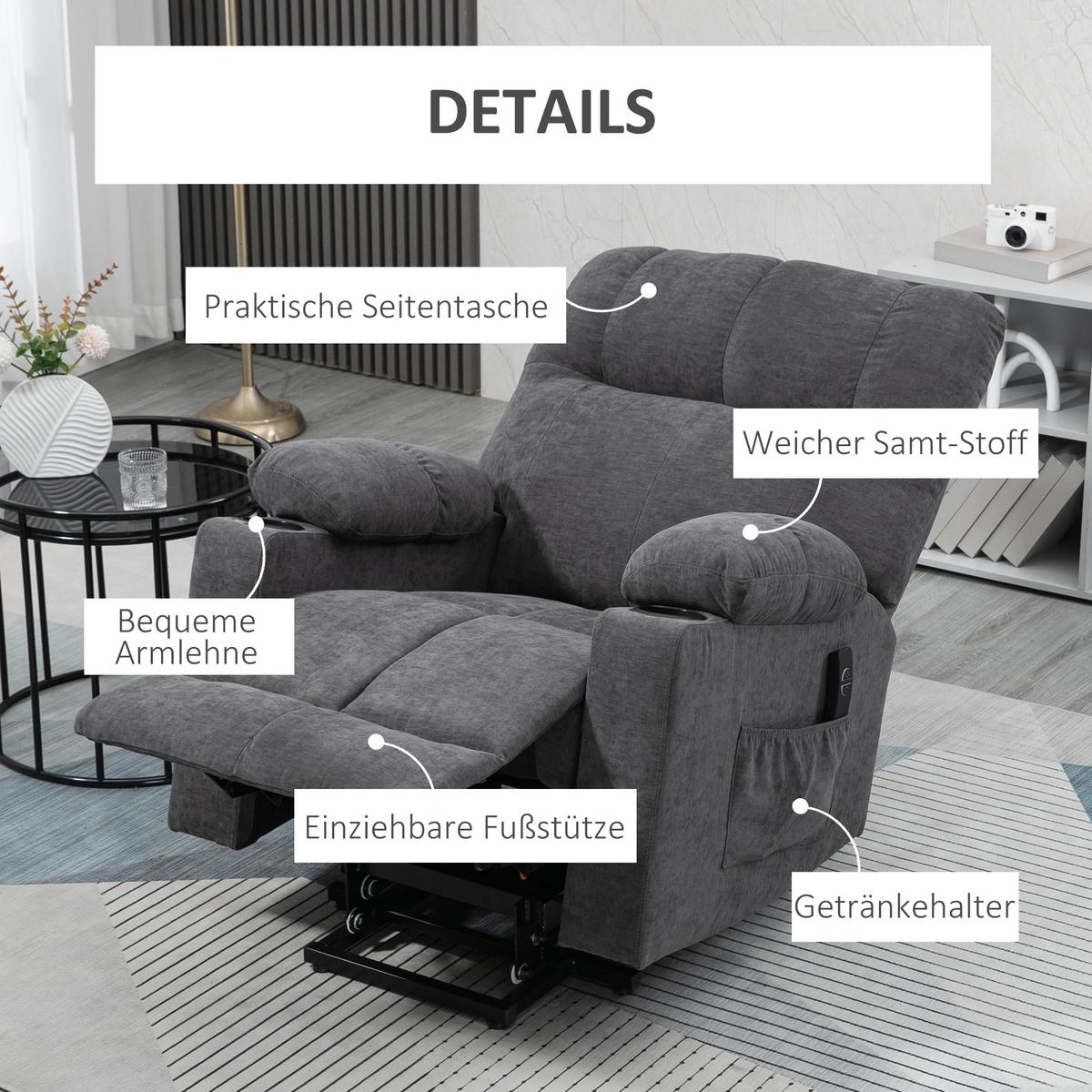 FERNSEHSESSEL mit Aufstehhilfe, Dunkelgrau - Dunkelgrau/Schwarz, Textil/Metall (95/109/91cm) - HOMCOM