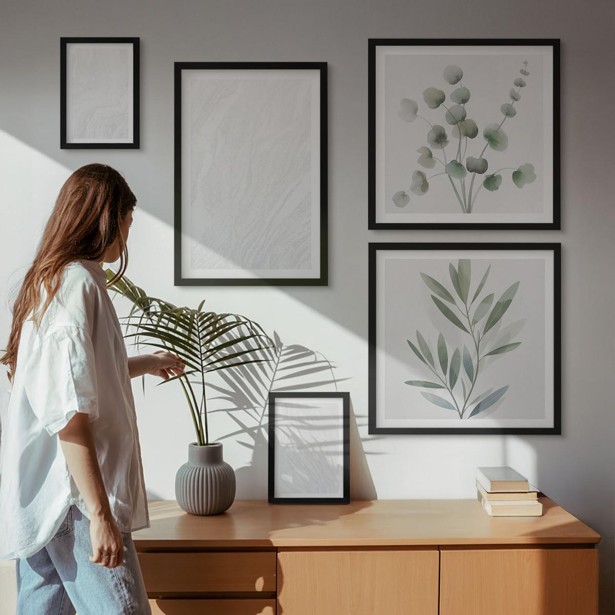 BILDER SET 5er Set - 50x50 cm & 20x30 cm & 40x60 cm Schwarzer Rahmen - Marmorstruktur, pastellfarbene Zweige - Schwarz, Kunststoff (40/60cm) - TULUP