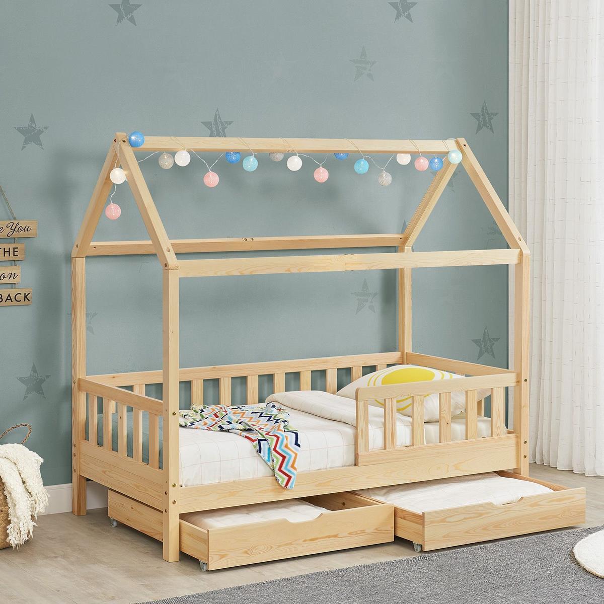 KINDERBETT Marli mit Matratze und Bettkasten natur 90x200 cm - Naturfarben, Holz (90/200cm) - Juskys