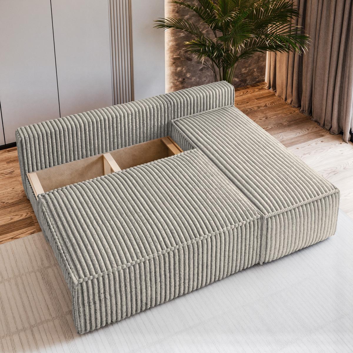 ECKSOFA BRISO T Hellgrau Kordstoff mit Schlaffunktion - Hellgrau/Grau, Holz/Kunststoff (200/140cm) - MASSENO