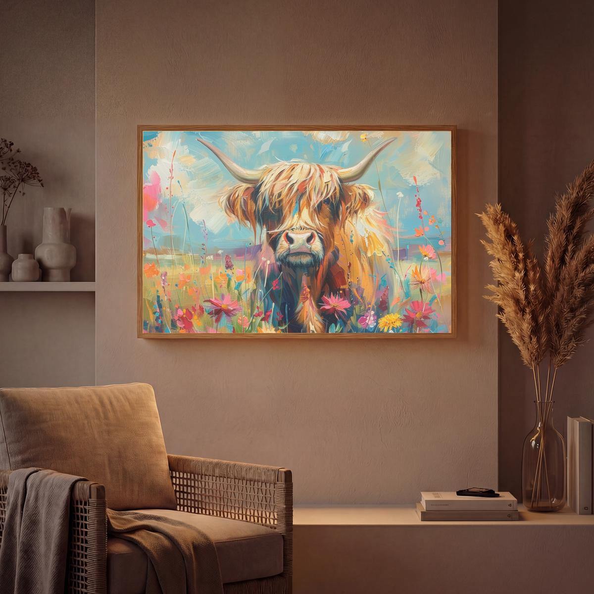 WANDLEUCHTE MIT AKKU Schottische Hochländer - Natur - Farbenfroh - Blumen 90x60 cm - Multicolor, Holzwerkstoff (90/60/8cm) - OnlyWow