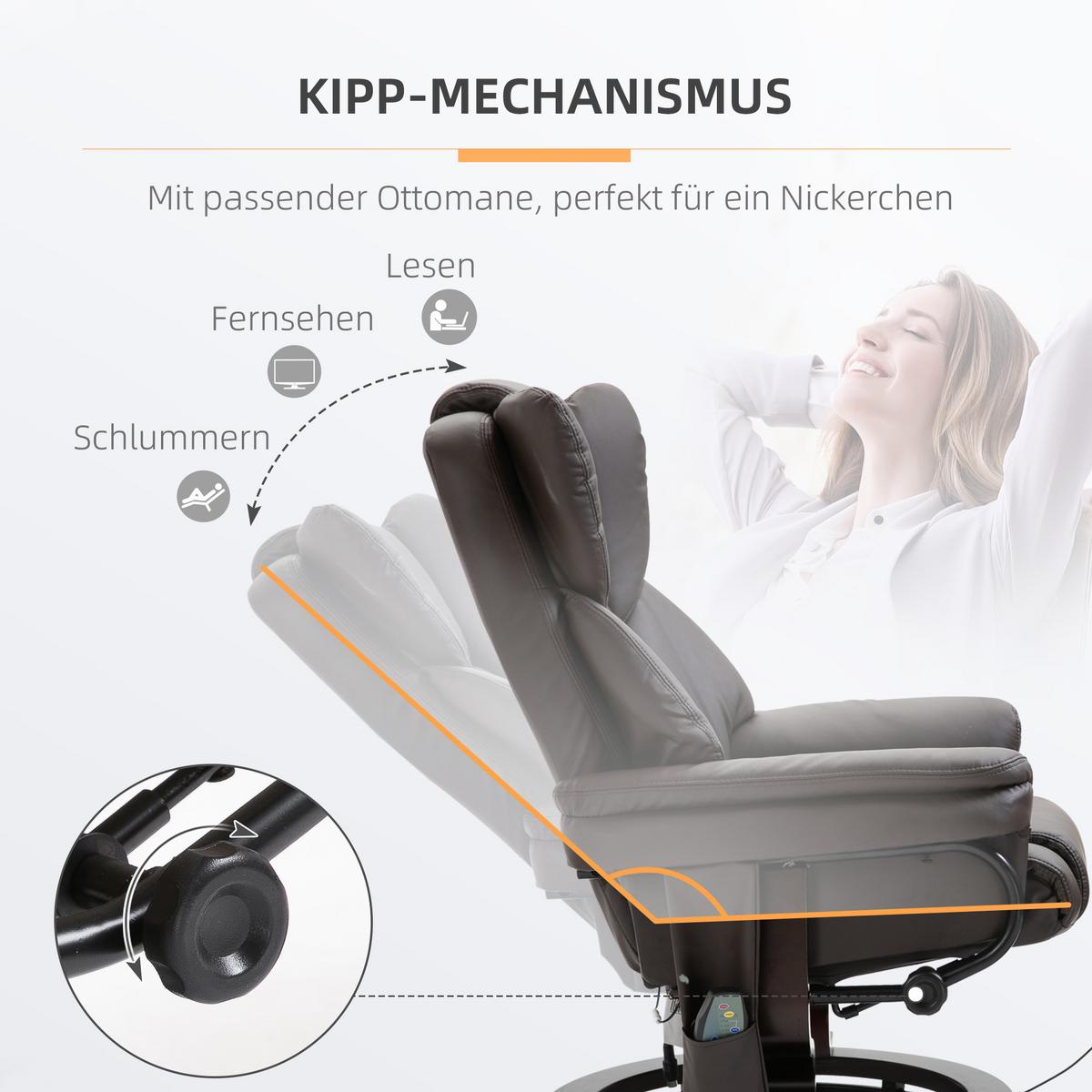 RELAXSESSEL Massagesessel mit Fußhocker Liegefunktion Braun 79 x 82 x 101 cm - Braun, Holz/Metall (82/101/79cm) - HOMCOM
