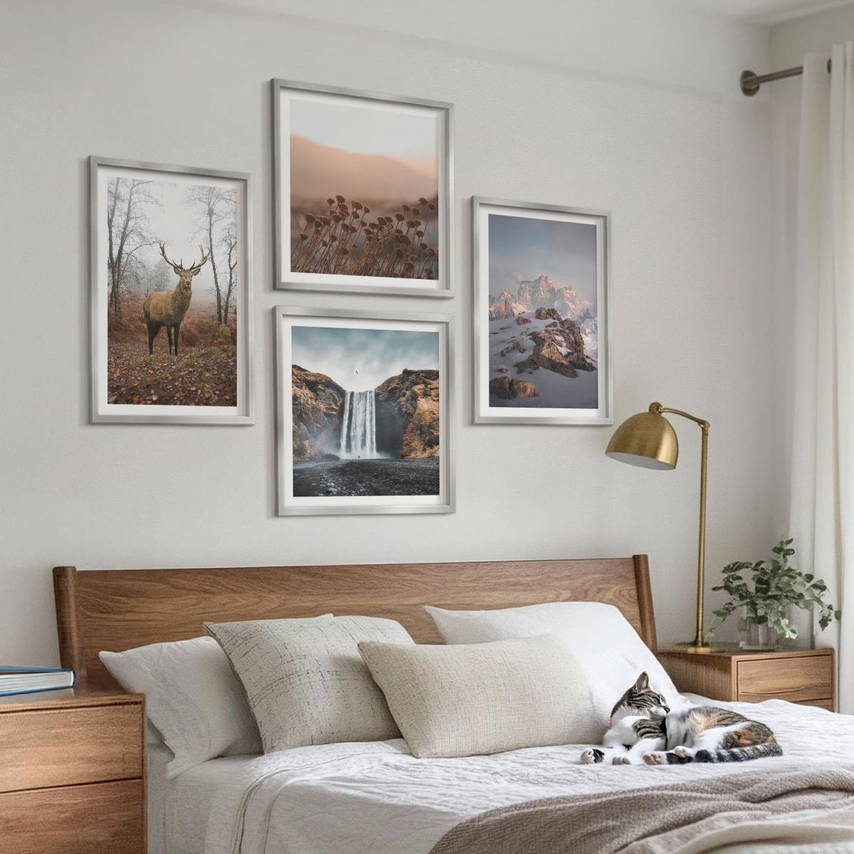 BILDER SET 4er Set - 50x50 cm & 40x60 cm Silberner Rahmen - Wilde Landschaften, Berge, Hirsche - Silberfarben, Kunststoff (50/50cm) - TULUP