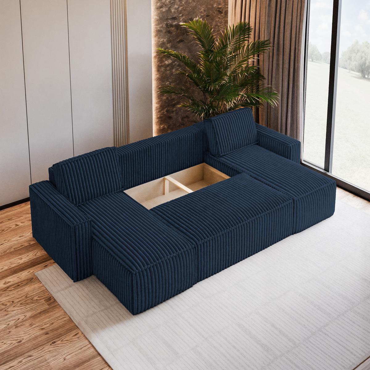 WOHNLANDSCHAFT PESANO T Blau Kordstoff mit Schlaffunktion - Blau/Grau, Holz/Kunststoff (306/85/140cm) - MASSENO