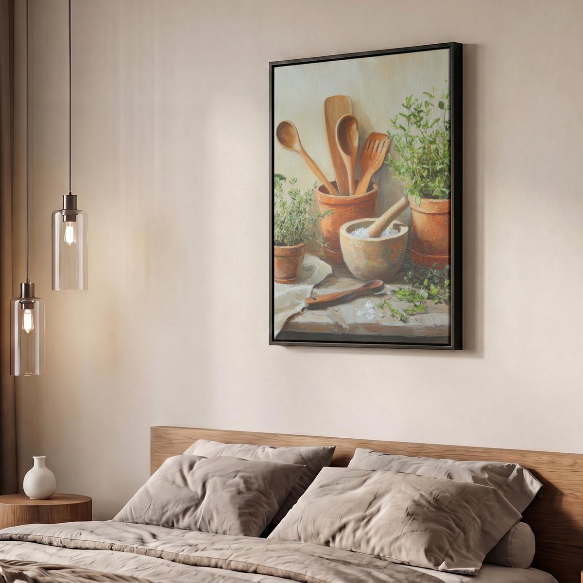 LEINWAND Bilder mit Rahmen - Töpfe - Kräuter - Holz - 50x70 - Terracotta, Textil (50/70cm) - MuchoWow