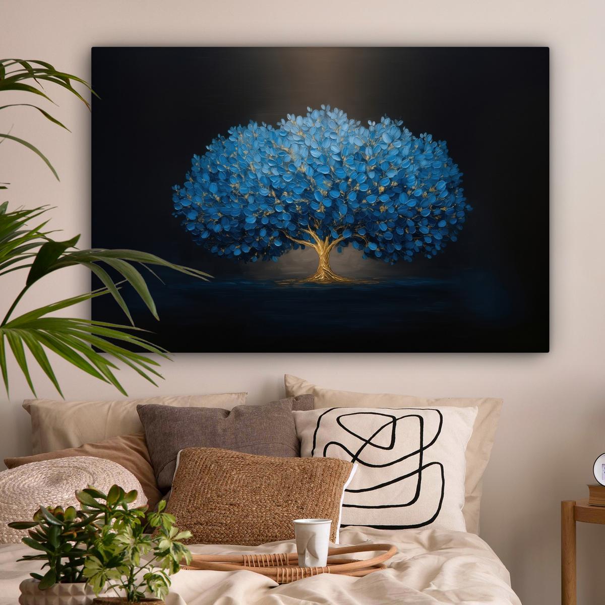 LEINWANDBILD Baum - Blau - Blätter - Pinselstriche Groß 140x90 cm - Blau, Textil (140/90cm) - MuchoWow