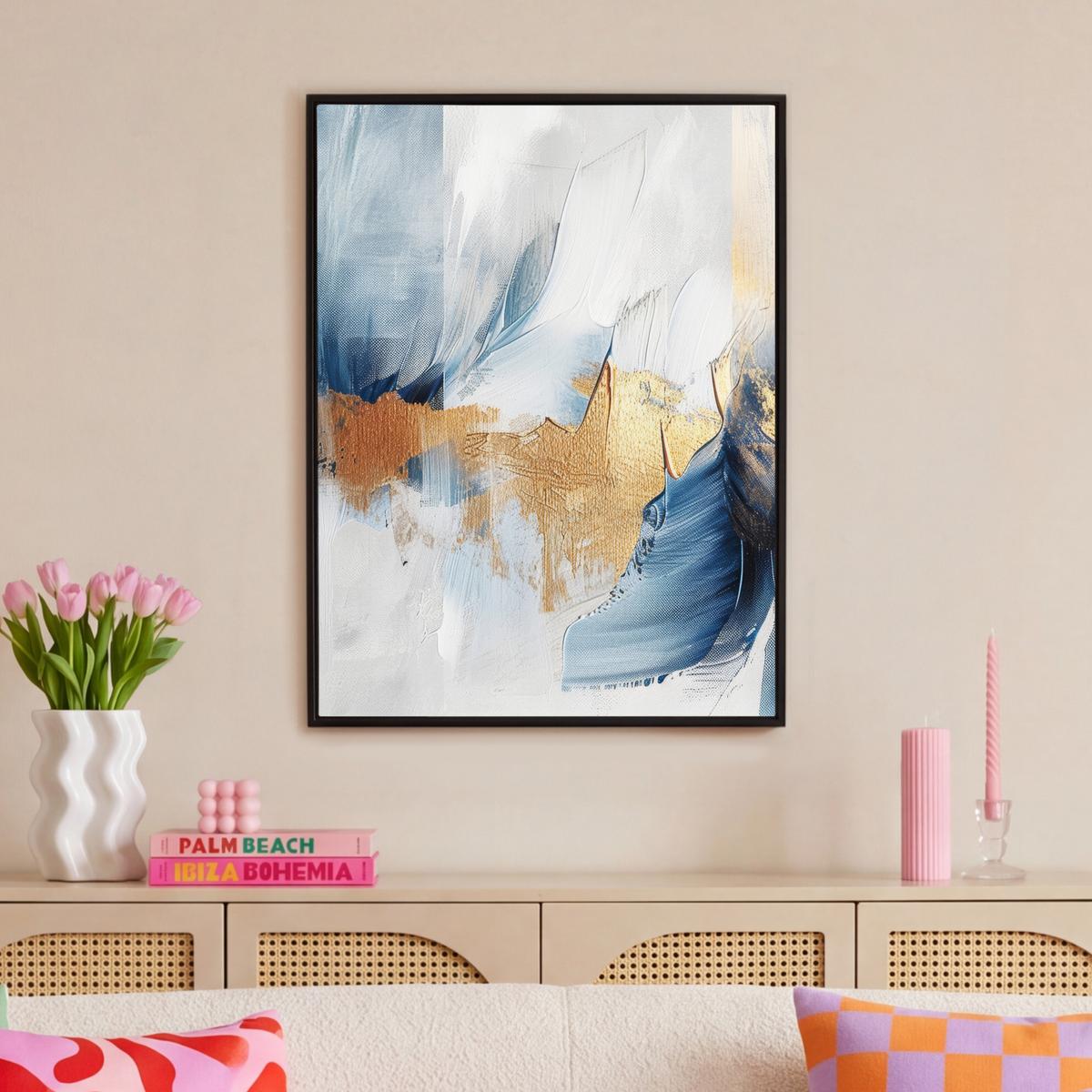 LEINWAND Bilder mit Rahmen - Gold - Blau - Aquarell - Kunst - Modern - 70x100 - Hellblau, Textil (70/100cm) - MuchoWow