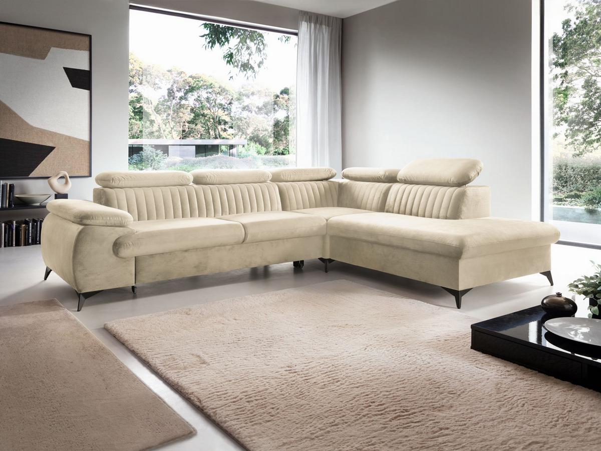ECKSOFA FIORE Creme Velours-Stoff mit Schlaffunktion - Creme, Holz (275/221cm) - MASSENO