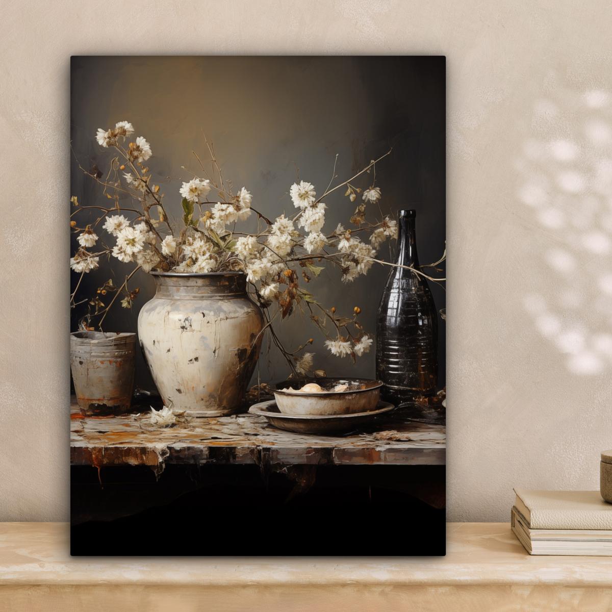 LEINWANDBILD Stilleben - Blumen - Blumenstrauß - Vase - Wein Room Decor 30x40 cm - Schwarz, Textil (30/40cm) - MuchoWow