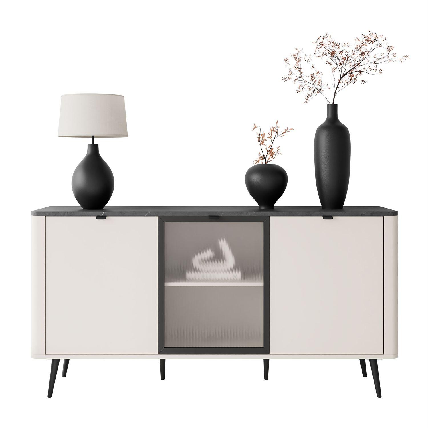 KOMMODE auf Füßen AUTUMN 2D1W mit Glasfront, Kaschmir / Grauer Stein - Beige, Holzwerkstoff (160/82/40cm) - Lookway