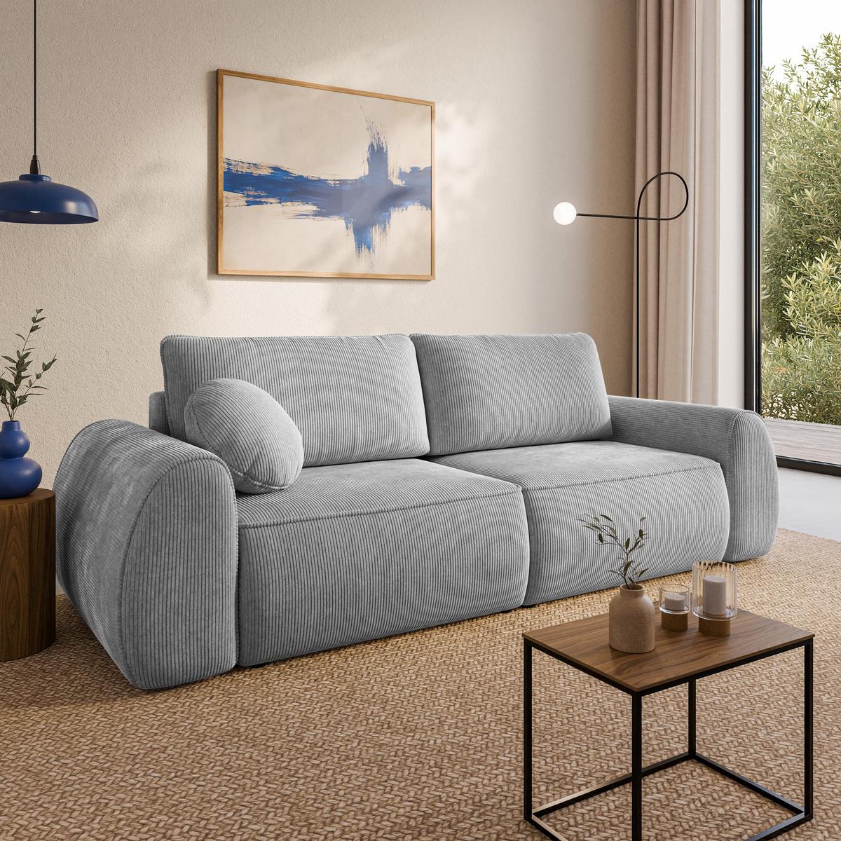 BETTSOFA ZEFEO Hellgrau Kordstoff mit Schlaffunktion - Hellgrau, Textil (264/96/106cm) - MASSENO