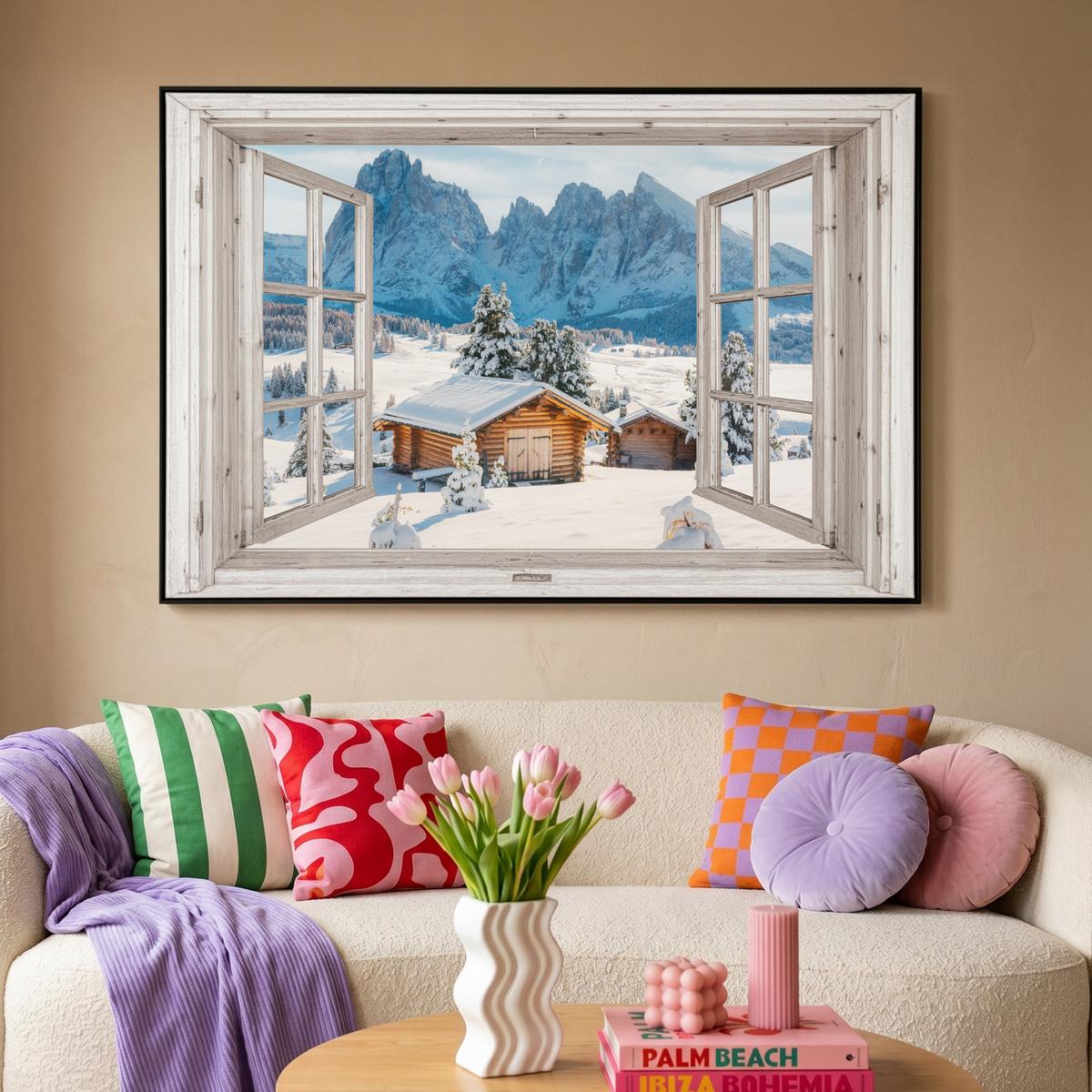 LEINWAND Bilder mit Rahmen - Winterlandschaft - Hütte - Berge - Ausblicke - Aussicht - Natur - 150x100 - Weiß Hochglanz, Textil (150/100cm) - MuchoWow