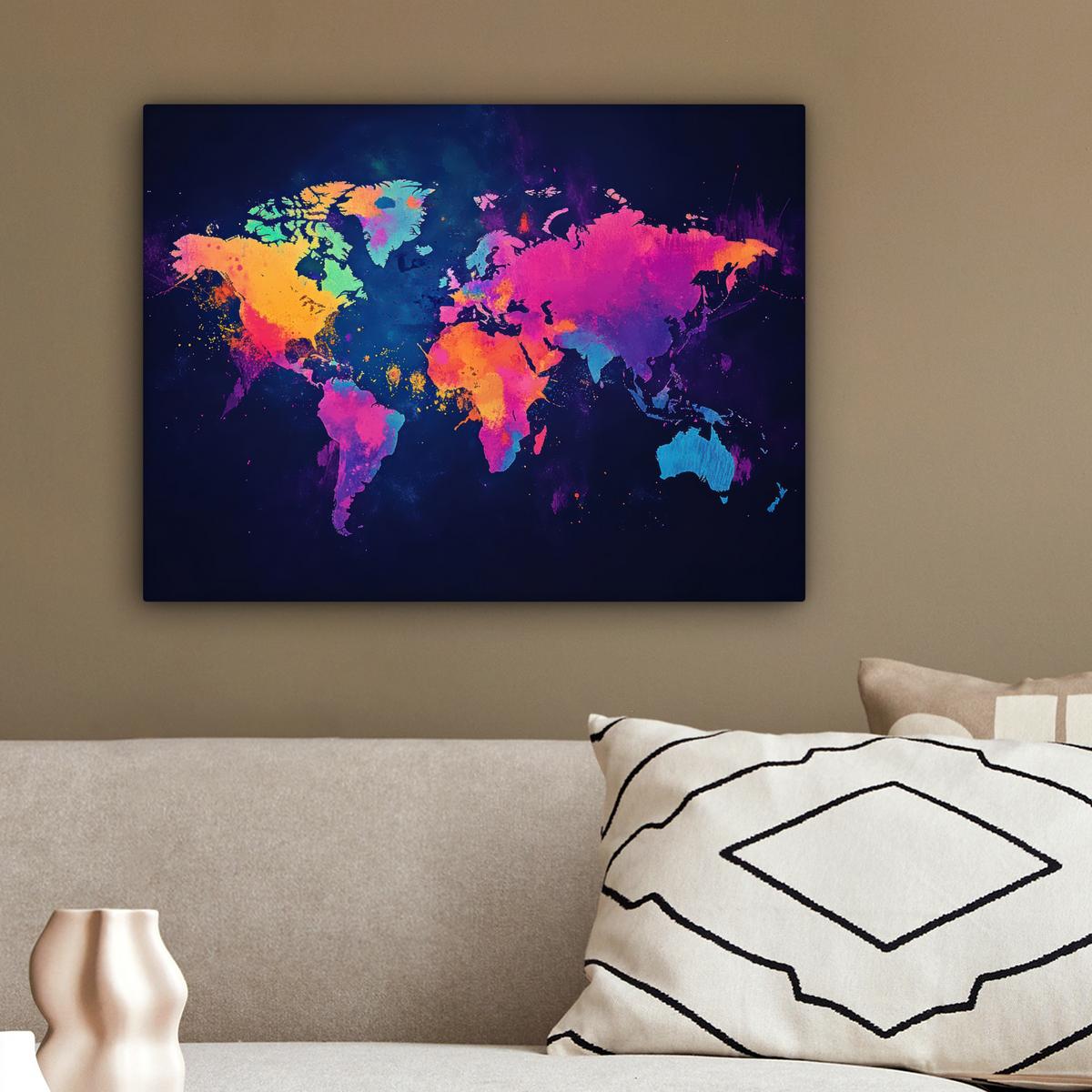 LEINWANDBILD Weltkarte - Bunt - Graffiti Wandbild 40x30 cm - Multicolor, Textil (40/30cm) - MuchoWow