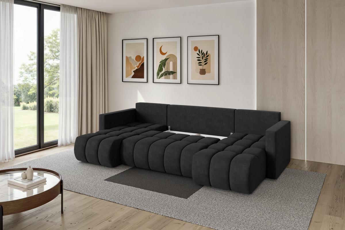 WOHNLANDSCHAFT mit Schlaffunktion und Bettkasten GARD-U 300x146x85 Schwarz Velours - Schwarz, Holzwerkstoff/Kunststoff (300/85/146cm) - ALTDECOR