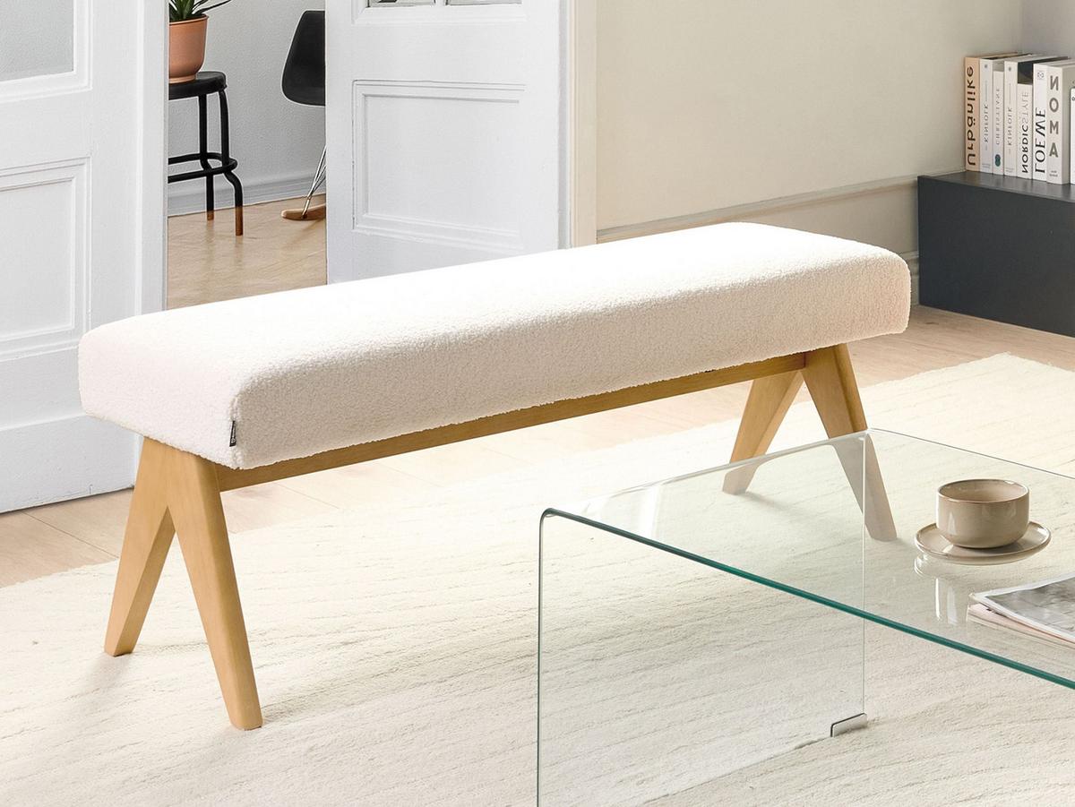 POLSTERBANK Cremeweiß/Hellbraun Tamre - Creme/Braun, Holz/Textil (118/48/46cm) - Beliani