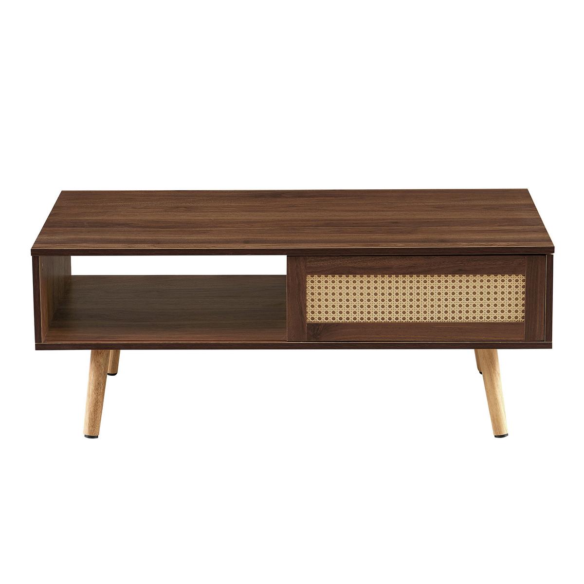 COUCHTISCH rattanoptik walnuss schiebetür stauraum - Braun, Holzwerkstoff (55/105/40cm) - Urban Meuble