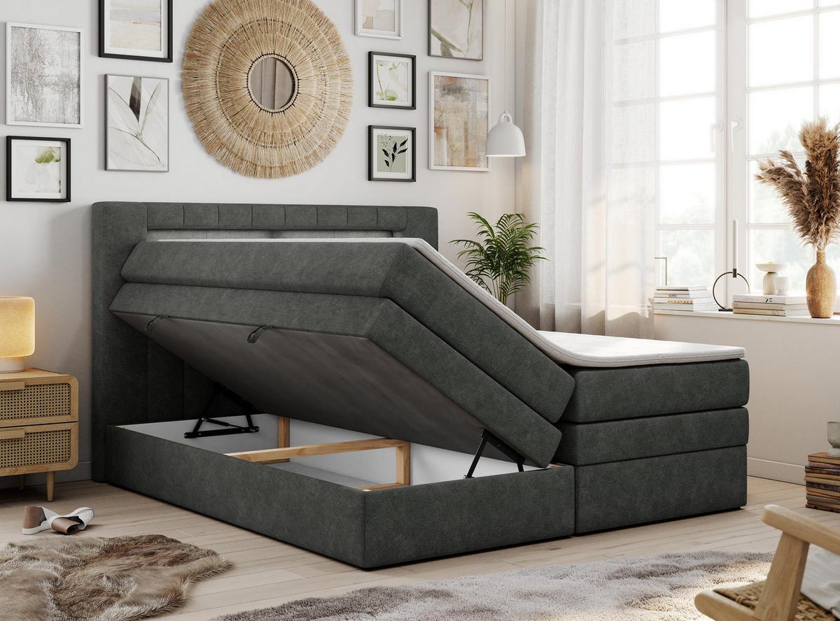 BOXSPRINGBETT GOLD-5 KING LED 160/200 Dunkelgrau Struktur - H4 - Dunkelgrau, Holz/Textil (160/200cm) - MKS