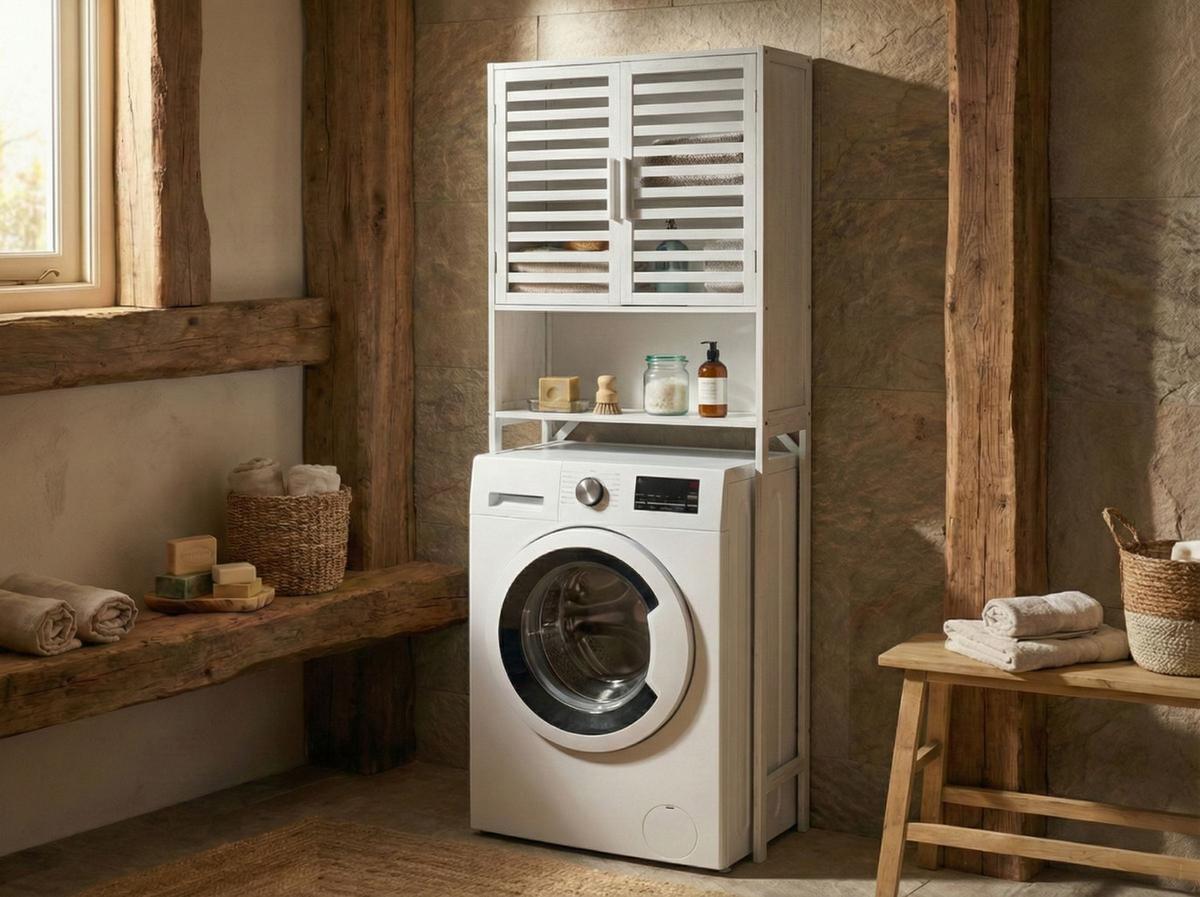 BADEZIMMERSCHRANK Bambus 63 cm Weiß Okarche - Weiß, Holz (63/167/25cm) - Beliani