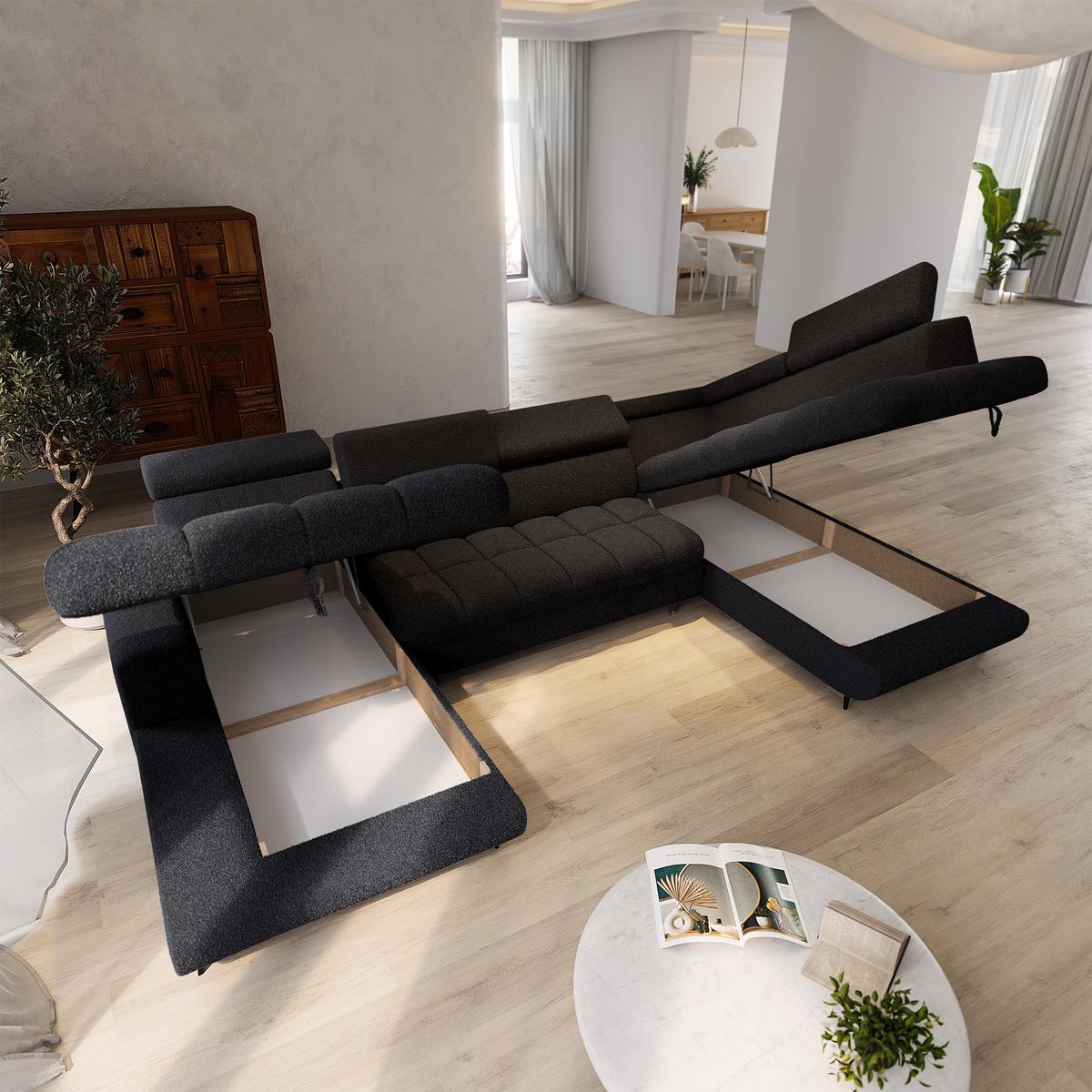 WOHNLANDSCHAFT CORENO Schwarz Boucle-Stoff mit Schlaffunktion - Schwarz, Holz (345/88/190cm) - MASSENO