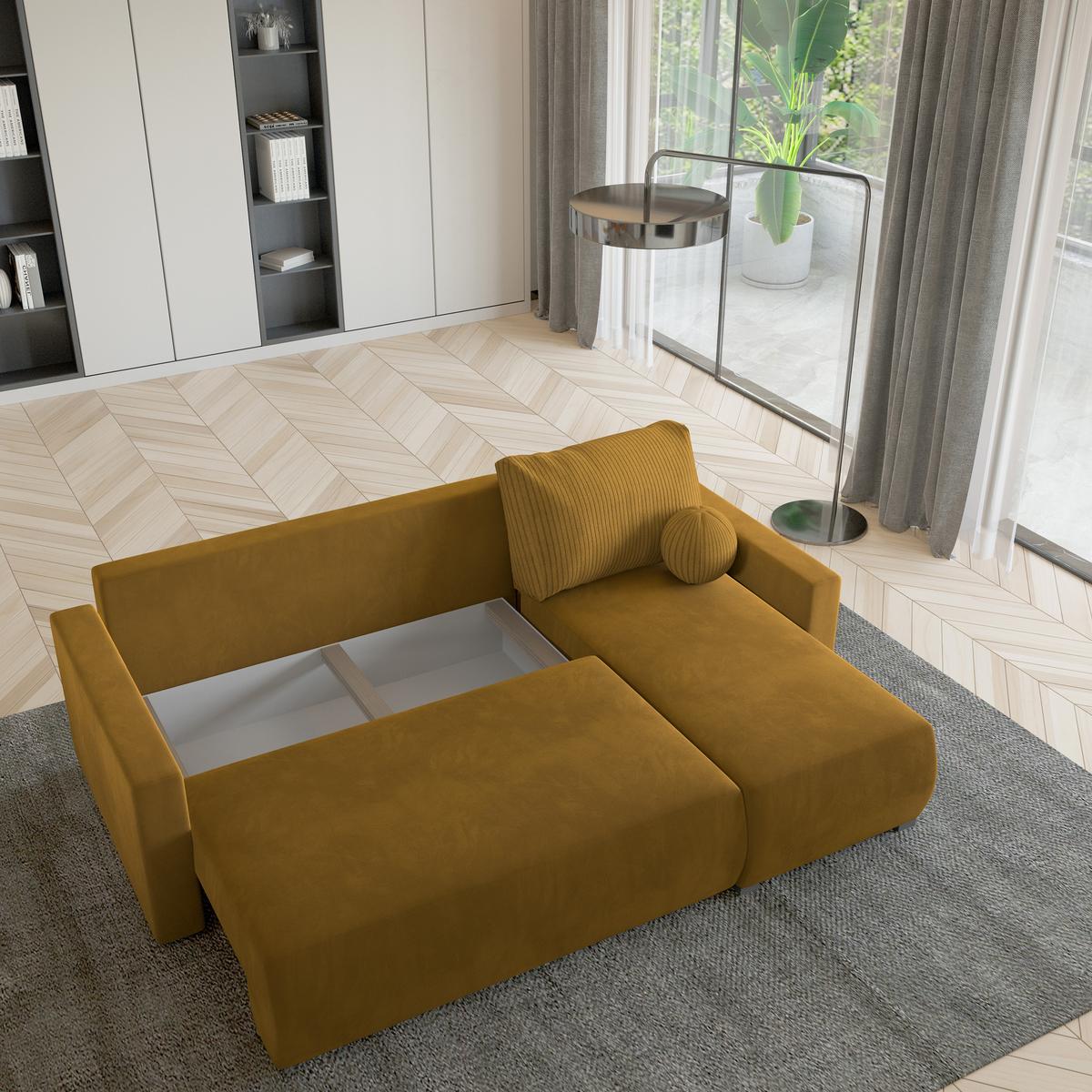 ECKSOFA SORGE Gelb Plüsch-Stoff mit Schlaffunktion - Gelb, Holz (220/143cm) - MASSENO