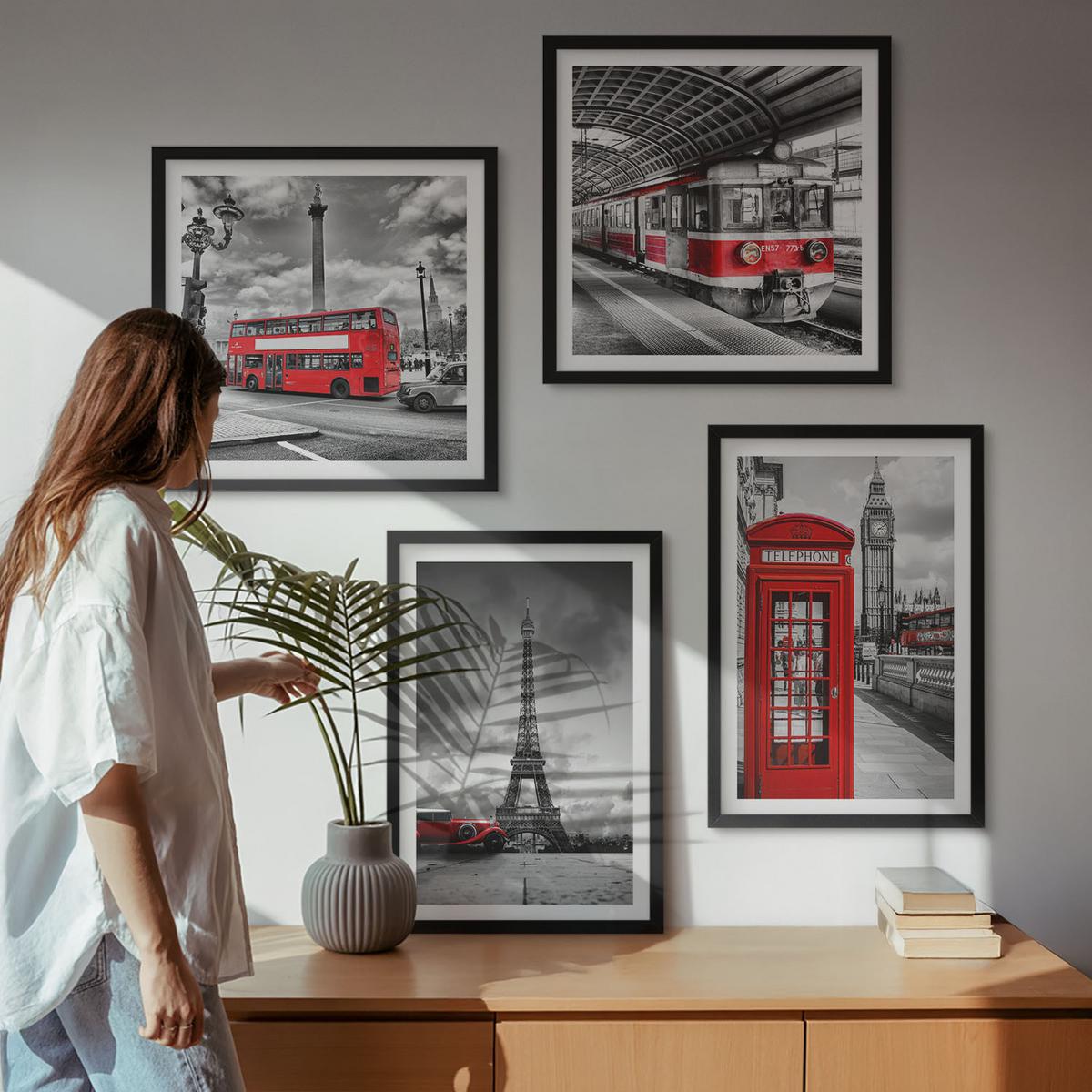 BILDER SET 4er Set - 50x50 cm & 40x60 cm Schwarzer Rahmen - Ikonische Städte London Paris Eisenbahn - Schwarz, Kunststoff (50/50cm) - TULUP