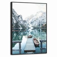 LEINWAND Bilder mit Rahmen - Natur - Berge - Schnee - Wald - Boot - 50x70 - Hellgrün, Textil (50/70cm) - MuchoWow