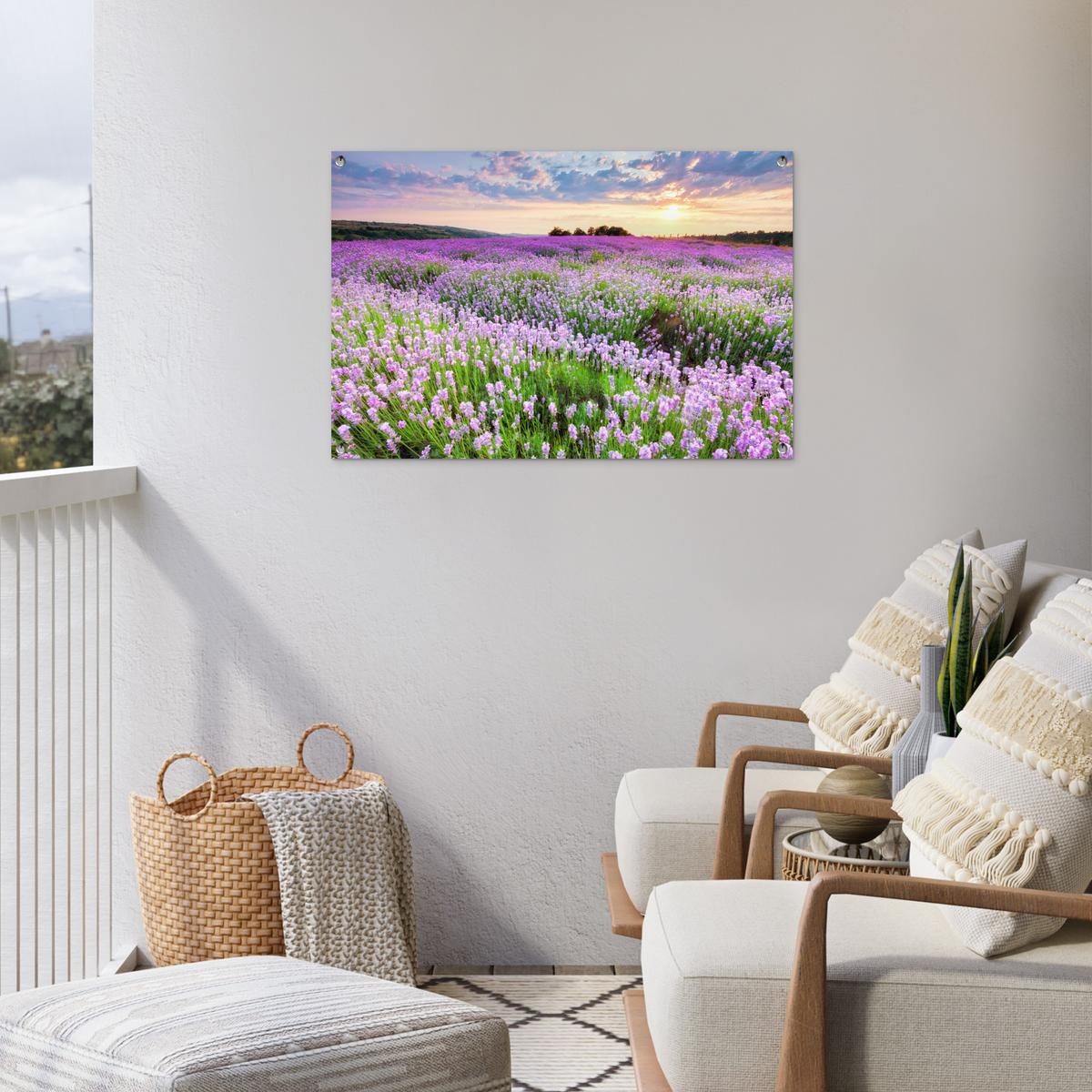 GARTENPOSTER Blumen - Lavendel - Lila - Himmel - Sonnenuntergang - Wiese - Natur Gartendeko 90x60 cm - Flieder, Kunststoff (90/60/0.2cm) - OnlyWow