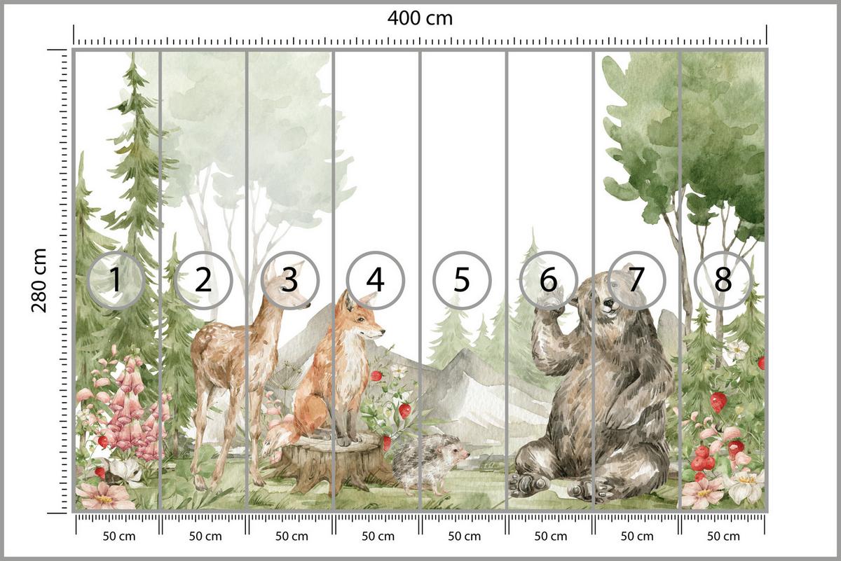 FOTOTAPETE für Kinderzimmer Aquarell Waldtiere Fuchs Reh Tragen 400x280 - Multicolor, Papier (400/280cm) - Muralo