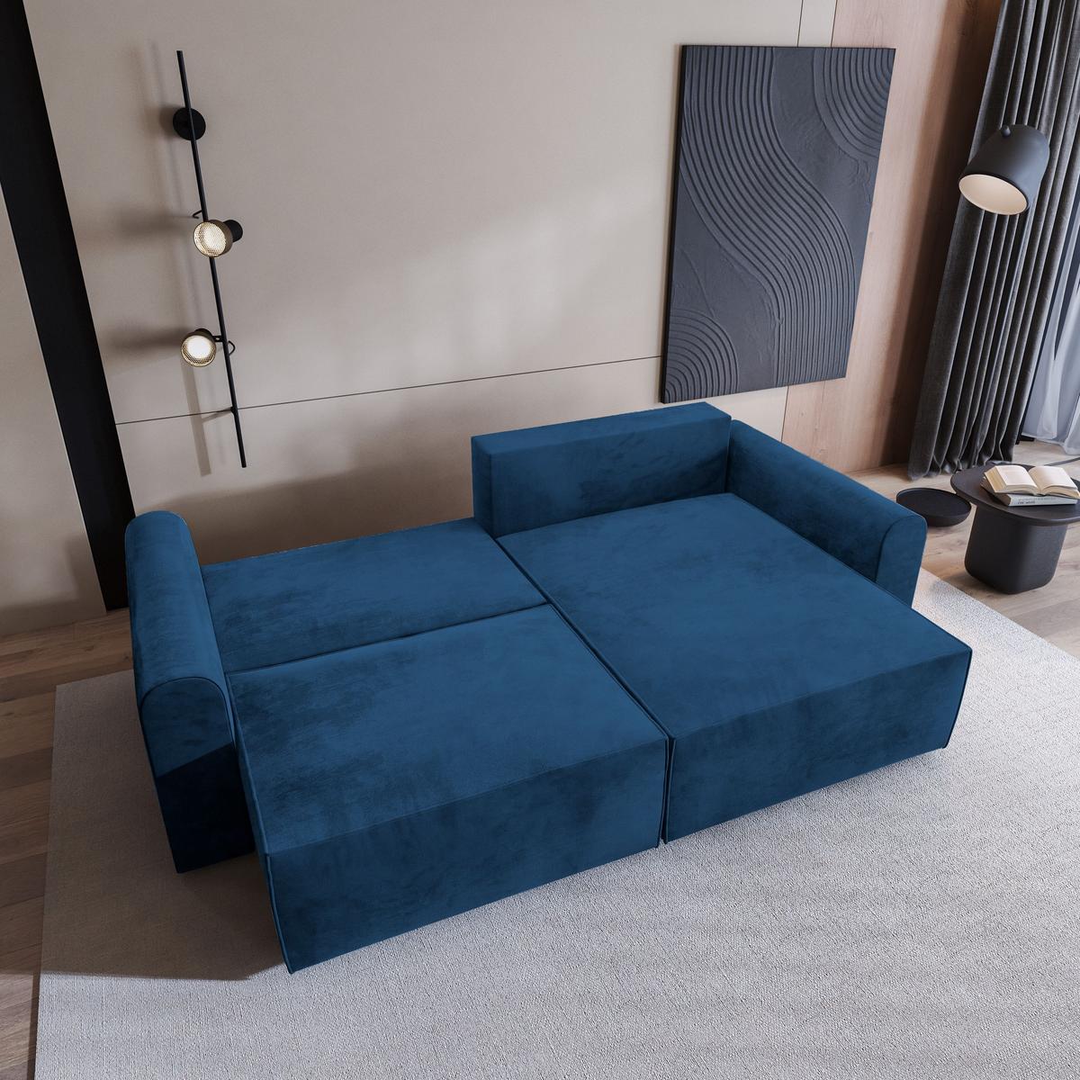 ECKSOFA FIANO M Blau Velours-Stoff mit Schlaffunktion - Blau/Grau, Holz/Kunststoff (245/148cm) - MASSENO