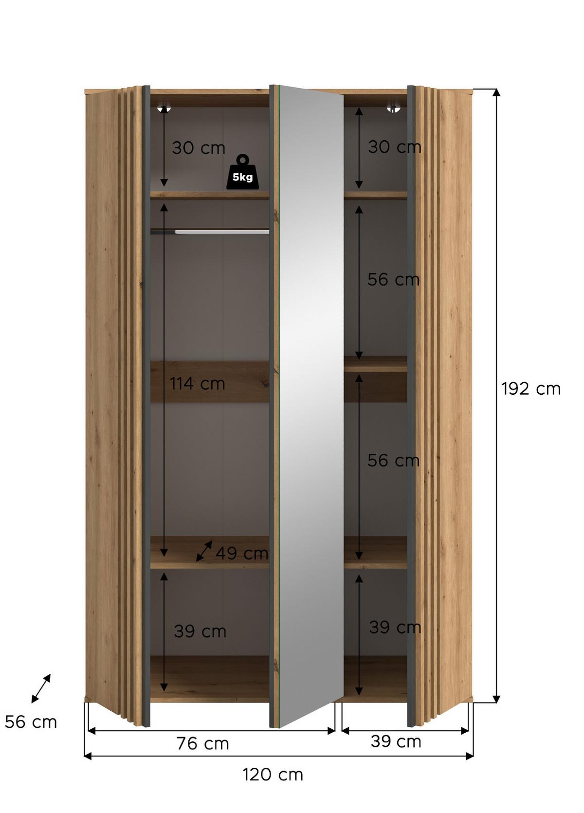 KLEIDERSCHRANK Eiche Artisan, grau 120 x 192 cm 3-türig, Drehtürenschrank mit Spiegel - Anthrazit/Eiche Artisan, Holzwerkstoff (120/192/56cm) - Inn.Furn