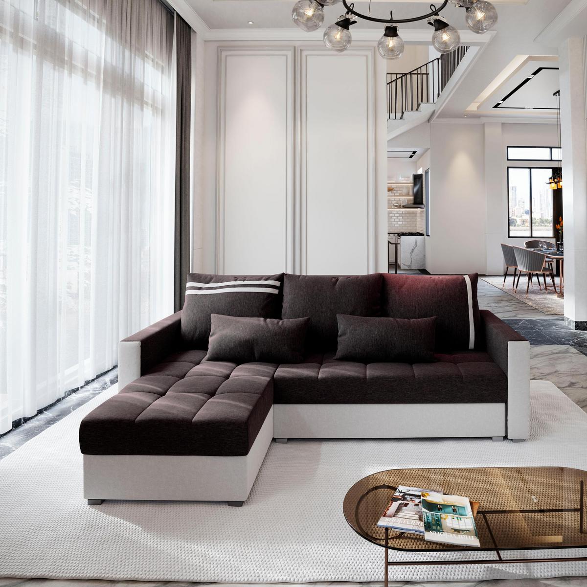 ECKSOFA KOS PIK Grau Dünner Stoff mit Schlaffunktion - Grau, Holz/Kunststoff (220/140cm) - MASSENO