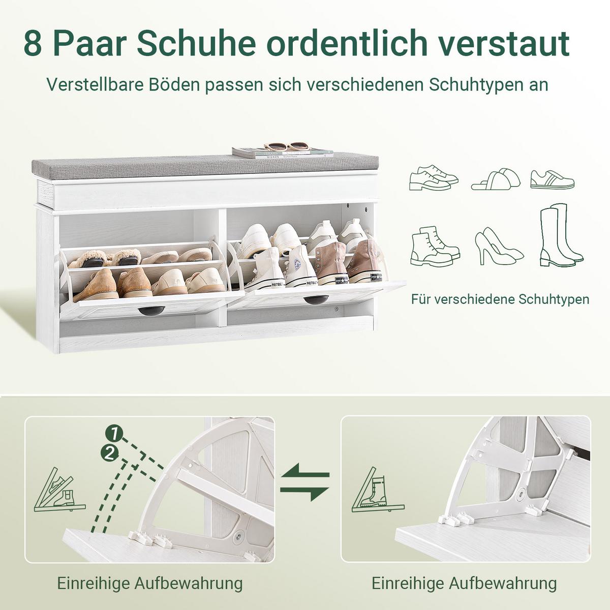 SCHUHBANK weiß, 104x52x24 cm, graues Sitzpolster, 8 Paar + Schublade, bis 150 kg - Weiß, Holzwerkstoff (104/54/24cm) - SoBuy