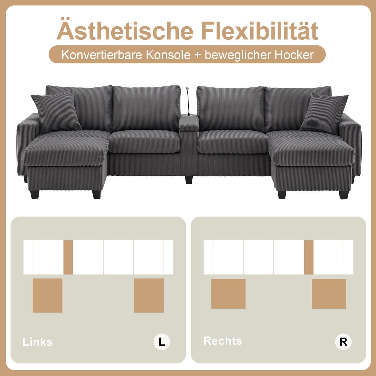 ECKSOFA aus Cord in Grau mit LED-Beleuchtung & smarten USB-Anschlüssen - Grau, Textil (128.5/334cm) - Urban Meuble