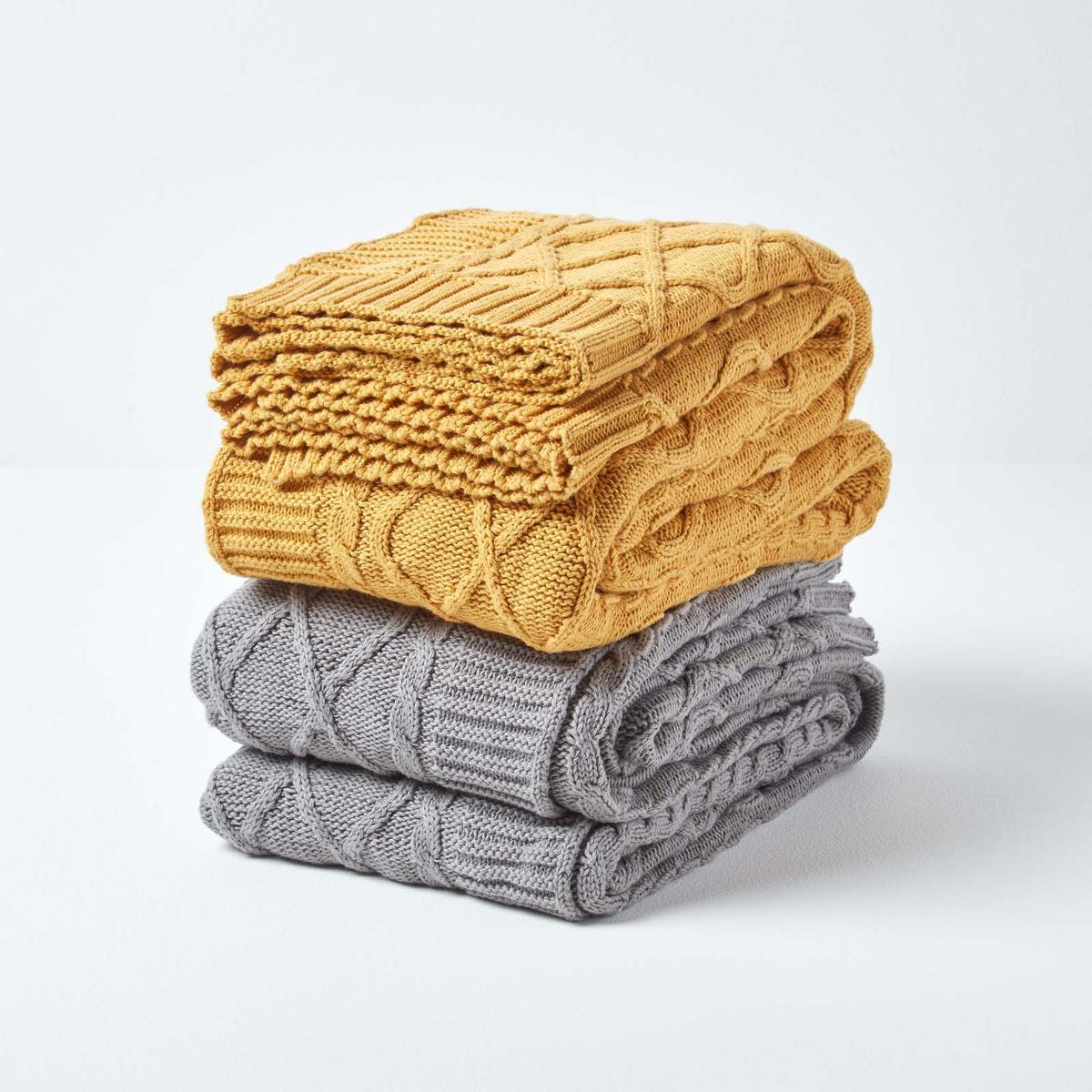 STRICKDECKE 130/170 cm, Baumwolle mit Rautenmuster - Currygelb, Textil (130/170cm) - Homescapes