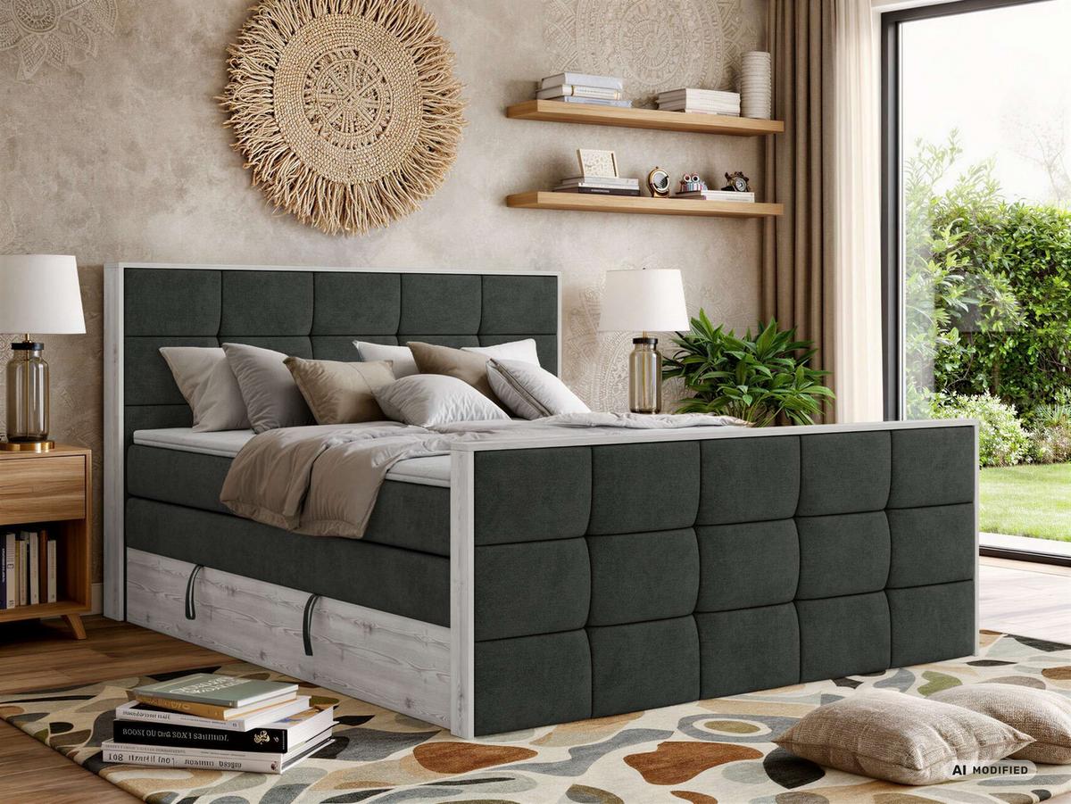 BOXSPRINGBETT ALNOR KING DUO 160/200 - Dunkelgrau Stukture - Topper Visco - H3 - Dunkelgrau/Schwarz, Kunststoff/Textil (160/200cm) - MKS