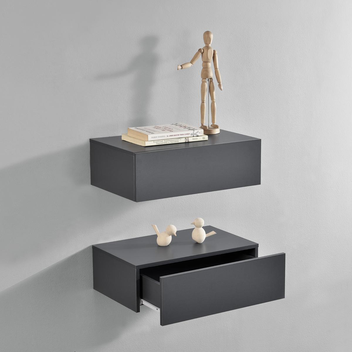 NACHTTISCH Oslo, 2er Set, hängend, mit Schublade - Dunkelgrau, Holzwerkstoff (46/15/30cm) - [en.casa]