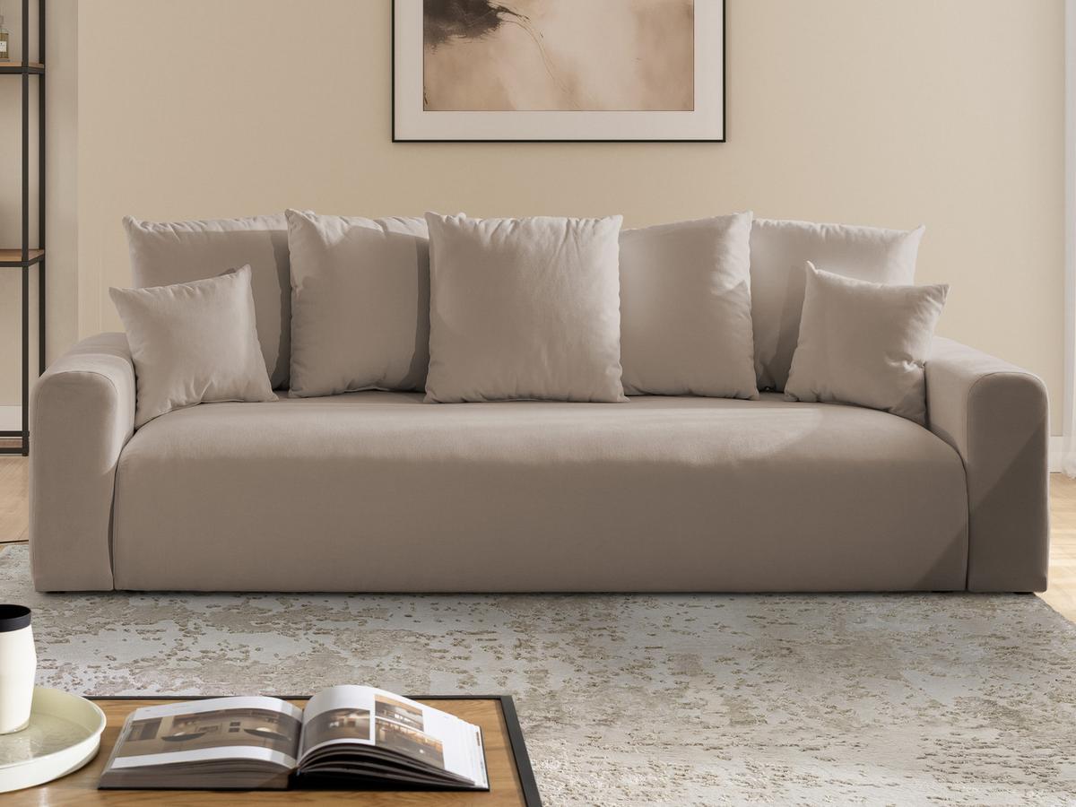 SCHLAFSOFA Calma mit Bettkasten im Bumpy-Design aus weichem Greige Webstoff - Greige/Schwarz, Holz/Kunststoff (239/88/98cm) - S-Style