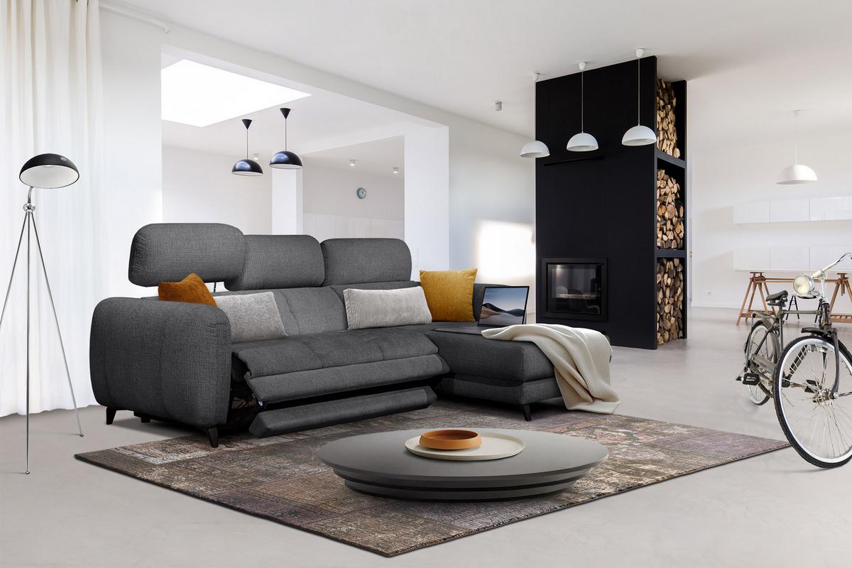 ECKSOFA SVEN 3-Sitzer, 1 Relax XL, verstellbare Kopfstützen, dunkelgrau - Anthrazit/Schwarz, Holzwerkstoff/Textil (256/163cm) - Wozimo