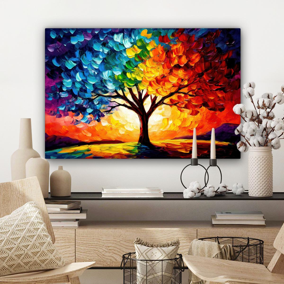 LEINWANDBILD Baum - Kunst - Natur - Sonnenuntergang Gemälde 60x40 cm - Multicolor, Textil (60/40cm) - MuchoWow
