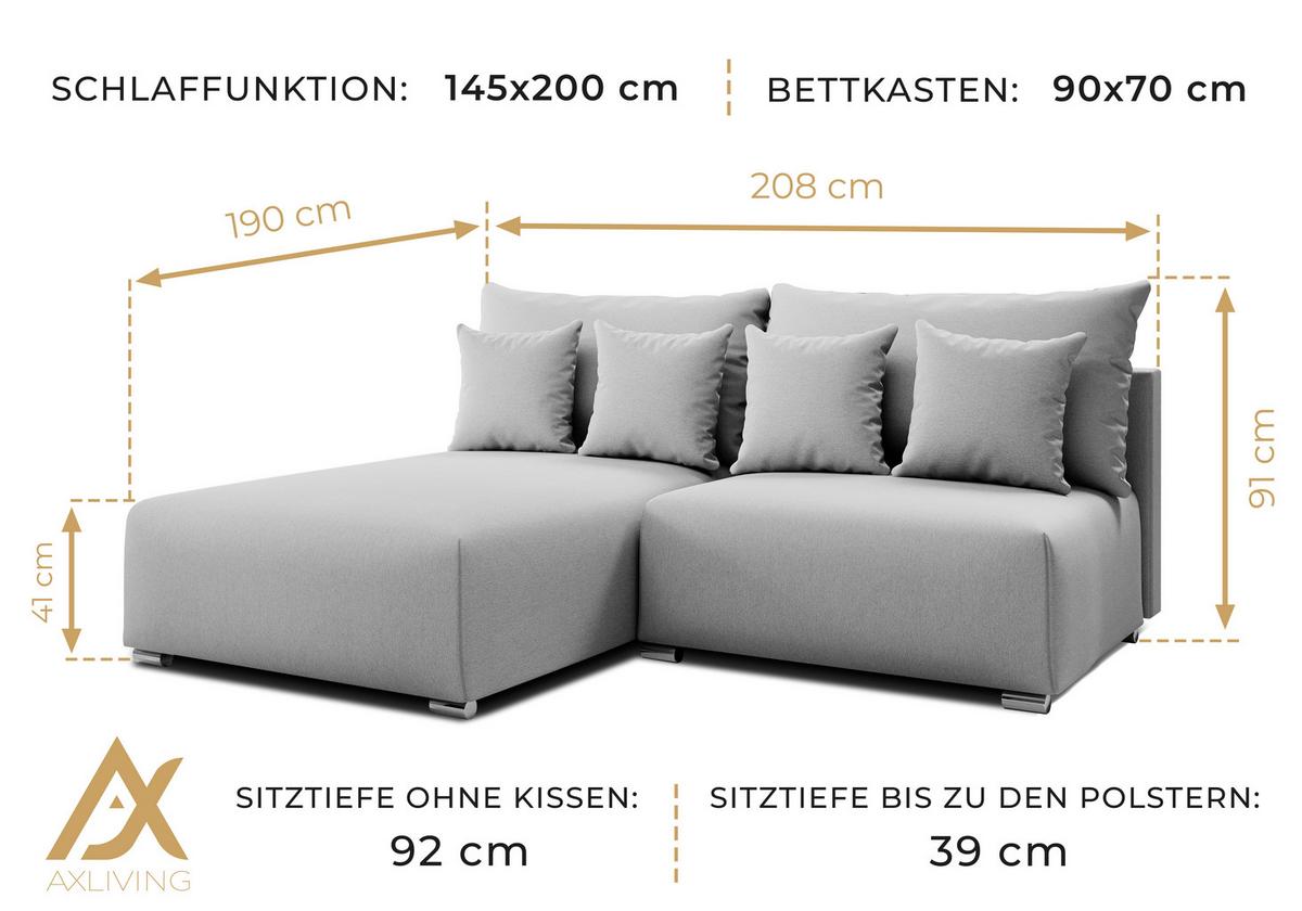 ECKSOFA L Form Ederra Braun 208/190/91 cm – großes Sofa mit Schlaffunktion L - Silberfarben/Braun, Textil/Metall (190/208cm) - AX Living