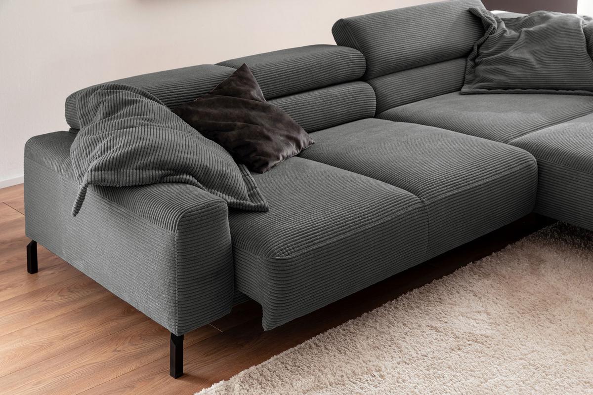 ECKSOFA DELIA Grau Cord Relaxfunktion - Schwarz/Grau, Textil/Metall (276/219cm) - KAWOLA