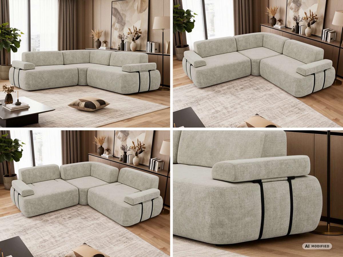 ECKSOFA MIREO L - Creme Schenille grob gewebt - Creme/Schwarz, Kunststoff/Textil (257/257cm) - MKS