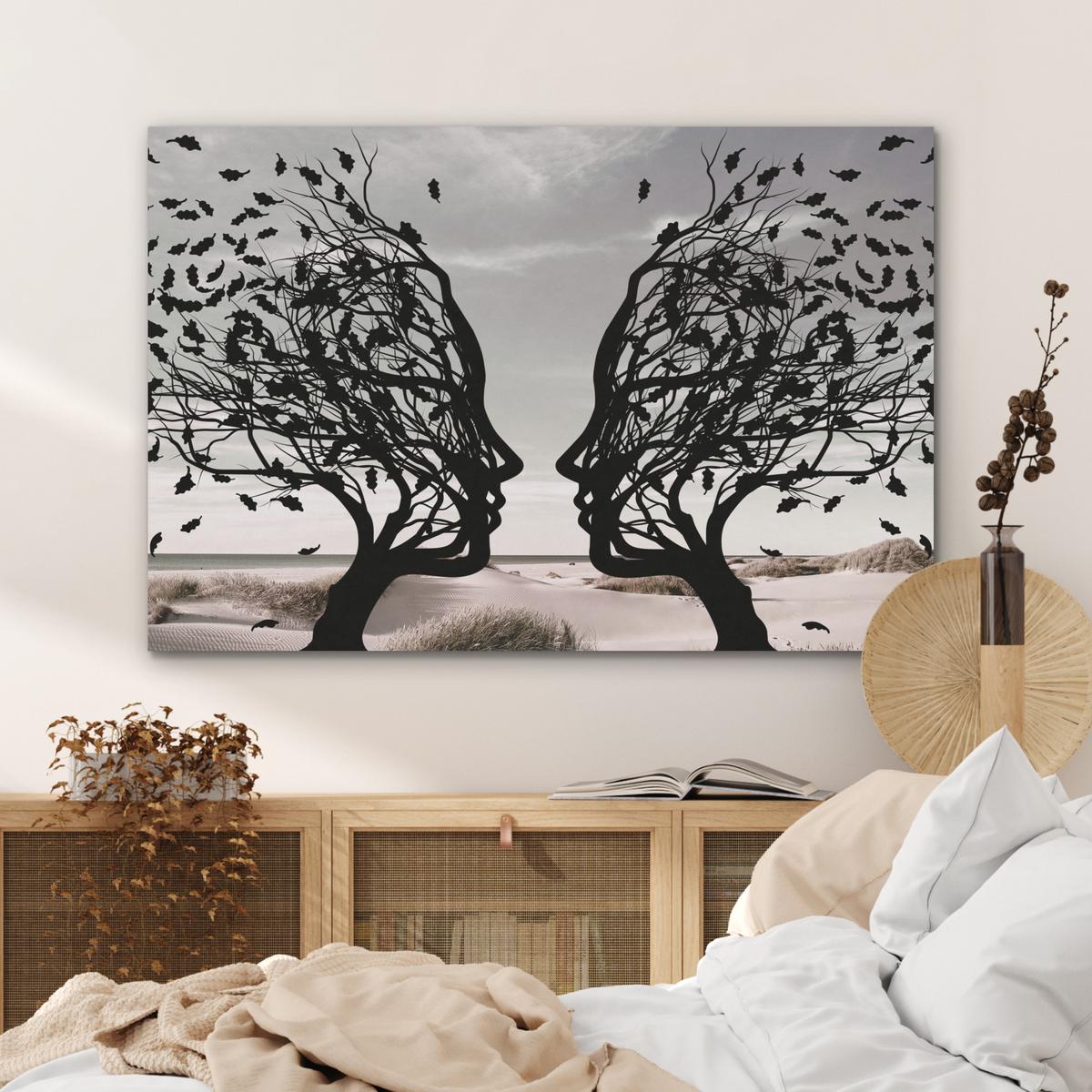 AKUSTIKBILD Strand - Meer - Menschen - Baum - Moderne Kunst Wandbild Wohnzimmer 100x70 cm - Hellgrau, Kunststoff (100/70/0.9cm) - MuchoWow