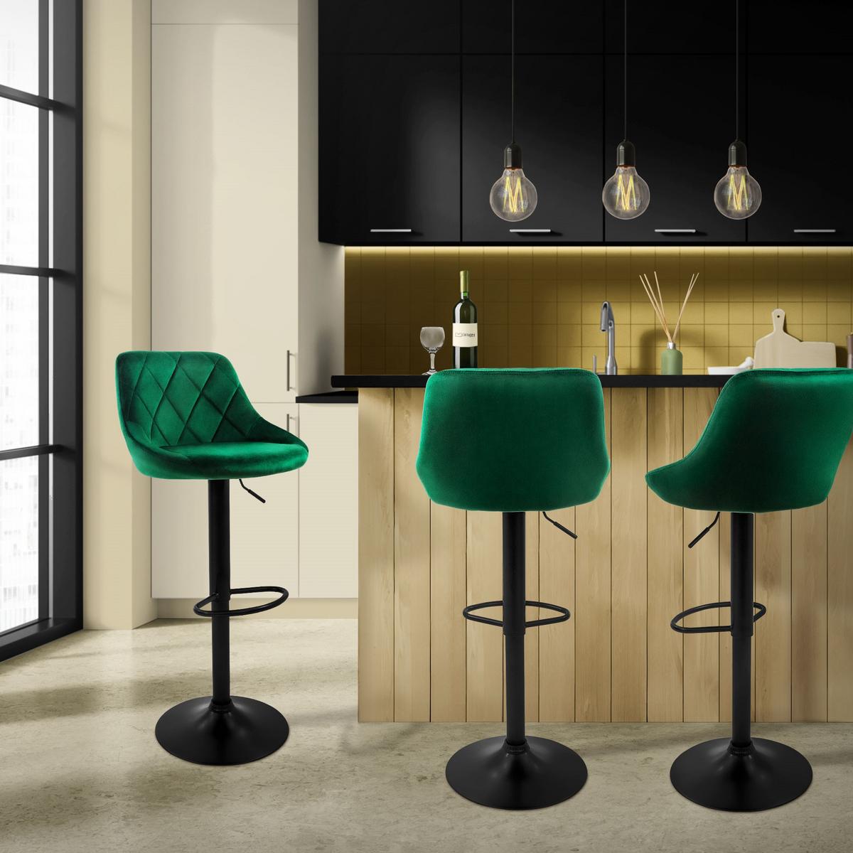 BARHOCKER 2er Set aus Samt Grün höhenverstellbar/drehbar - Schwarz/Grün, Metall (37/106/47cm) - ML-DESIGN