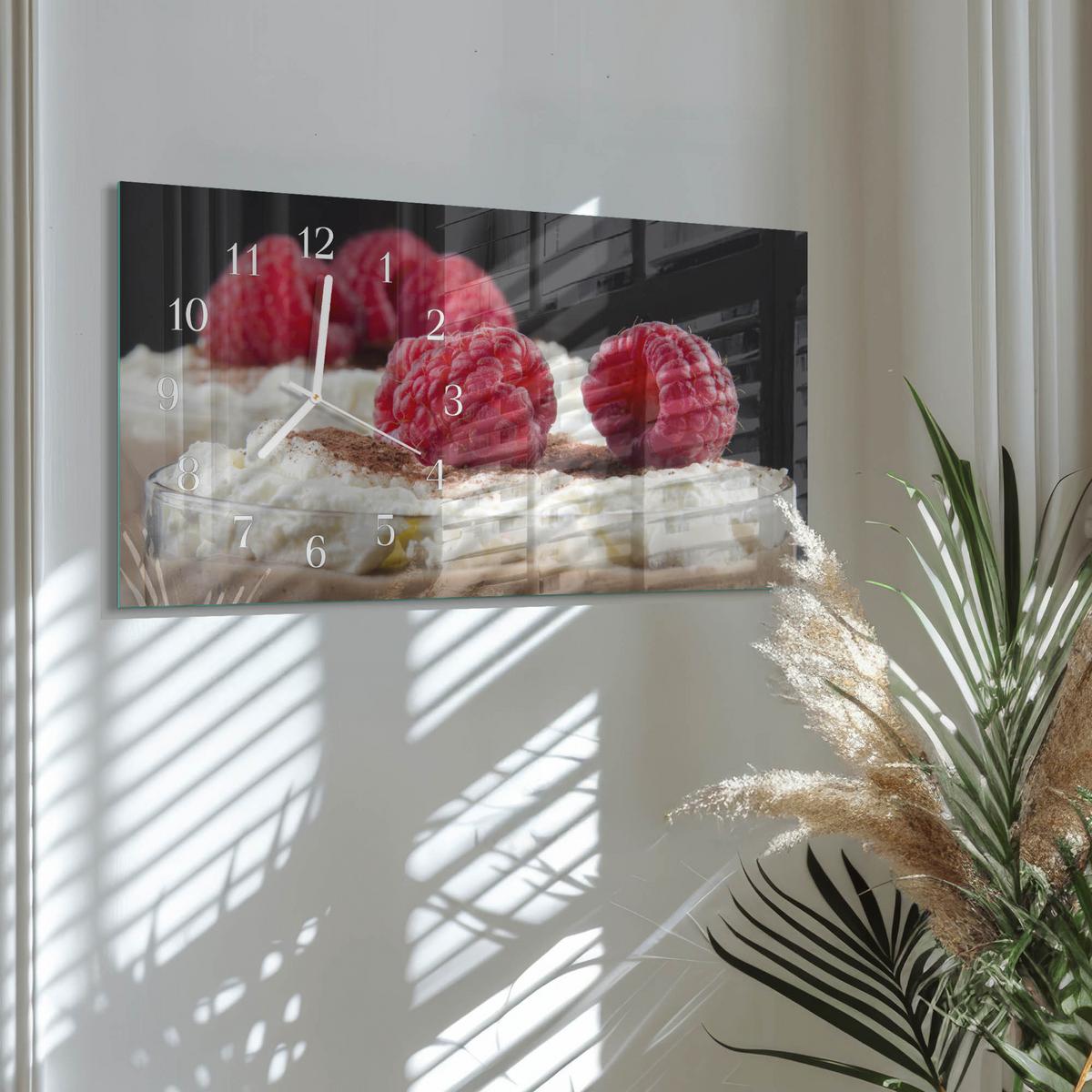 WANDUHR aus Glas 60x30 cm - Himbeerdessert - Rot, Glas (60/30/0.4cm) - TULUP