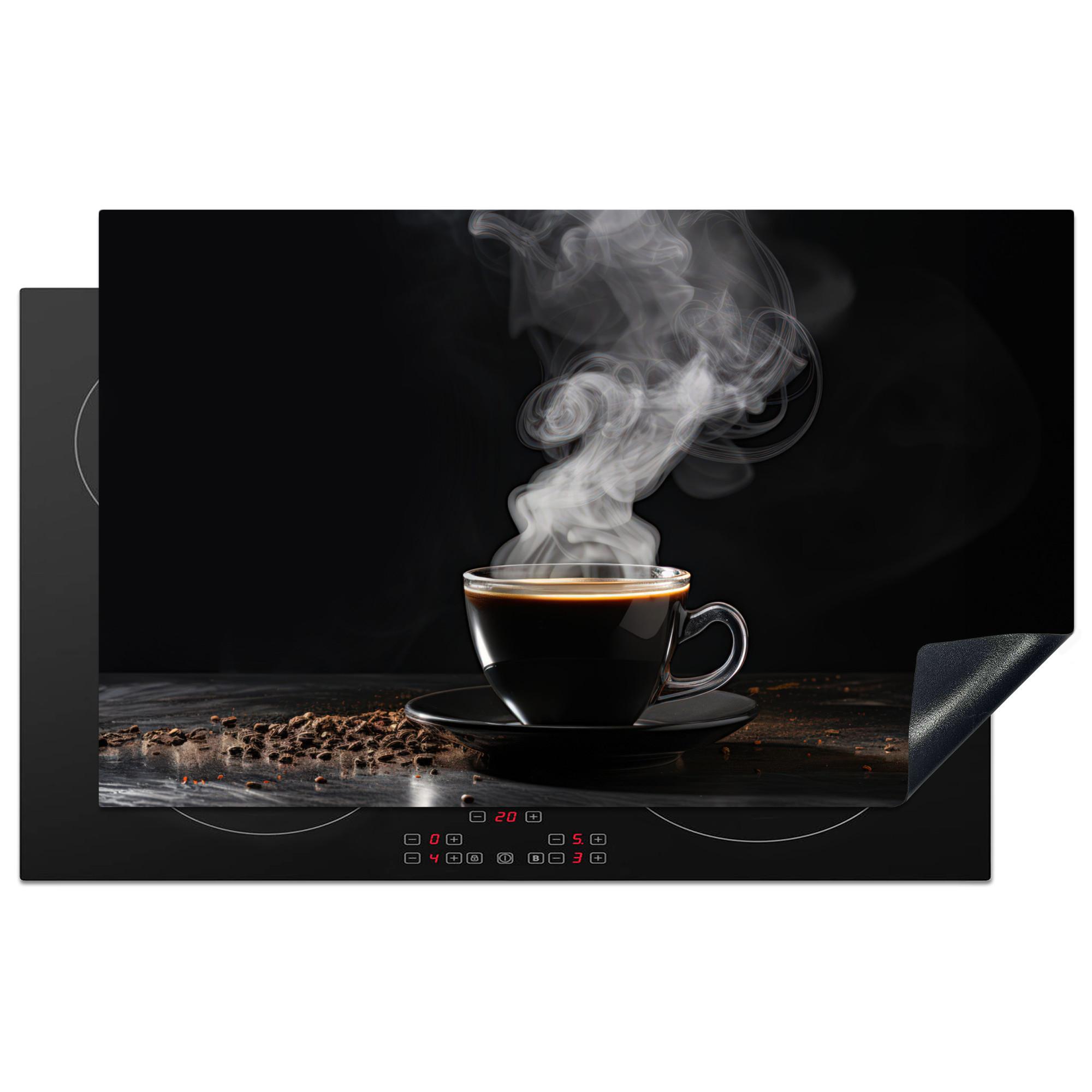 HERDABDECKPLATTE Kaffee - Schwarz - Bohnen - Heiß - Tasse Ceranfeldabdeckung 85x52 cm - Schwarz, Kunststoff (85/52/0.2cm) - MuchoWow