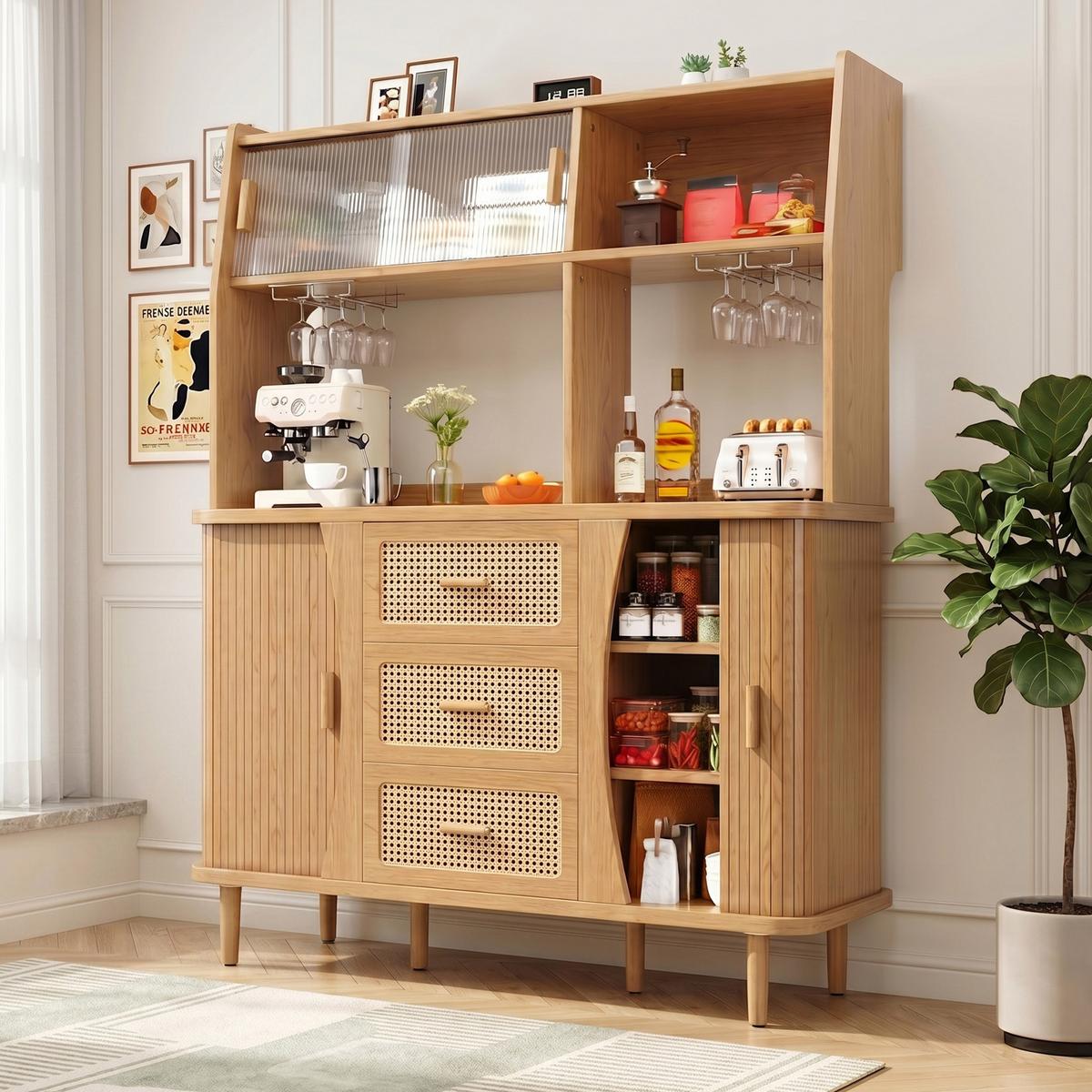 BUFFETSCHRANK Holzoptik mit Rattan & Glasschiebetüren, 140x174,5cm, Küchenschrank - Naturfarben, Holzwerkstoff (140/174.5/40.5cm) - Urban Meuble