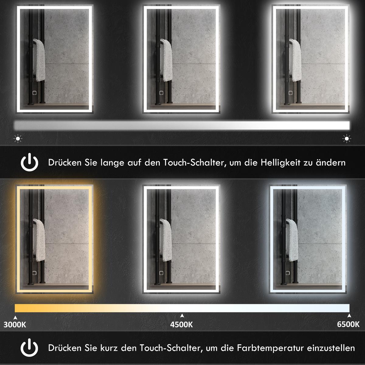 BADSPIEGEL, mit LED-Leuchte, 70 x 50 cm, beschlagfrei, mit Touchschalter, IP44 - Silberfarben, Glas (70/4/50cm) - HOMCOM