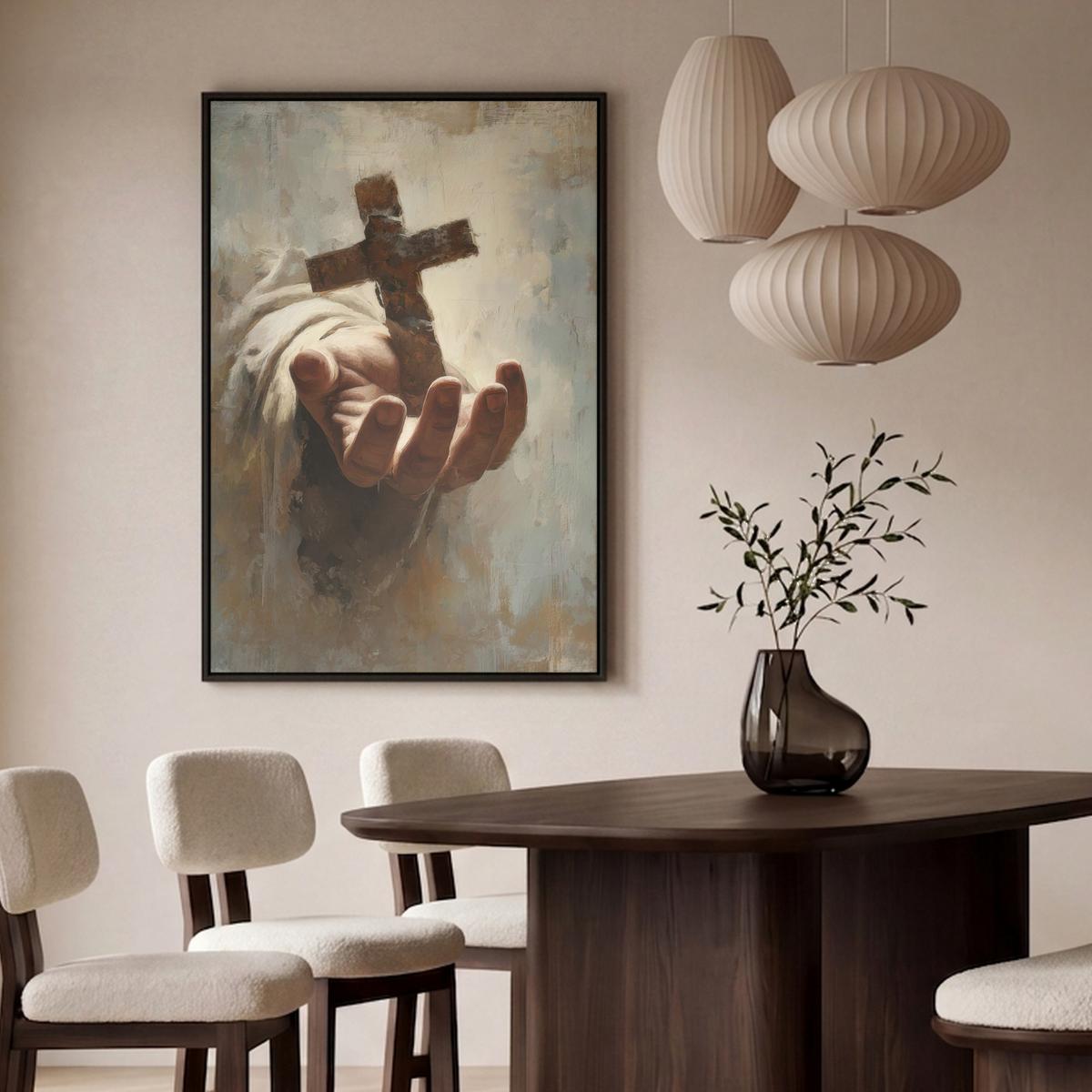LEINWAND Bilder mit Rahmen - Abstrakt - Kreuz - Hand - Christentum - 90x140 - Hellbraun, Textil (90/140cm) - MuchoWow