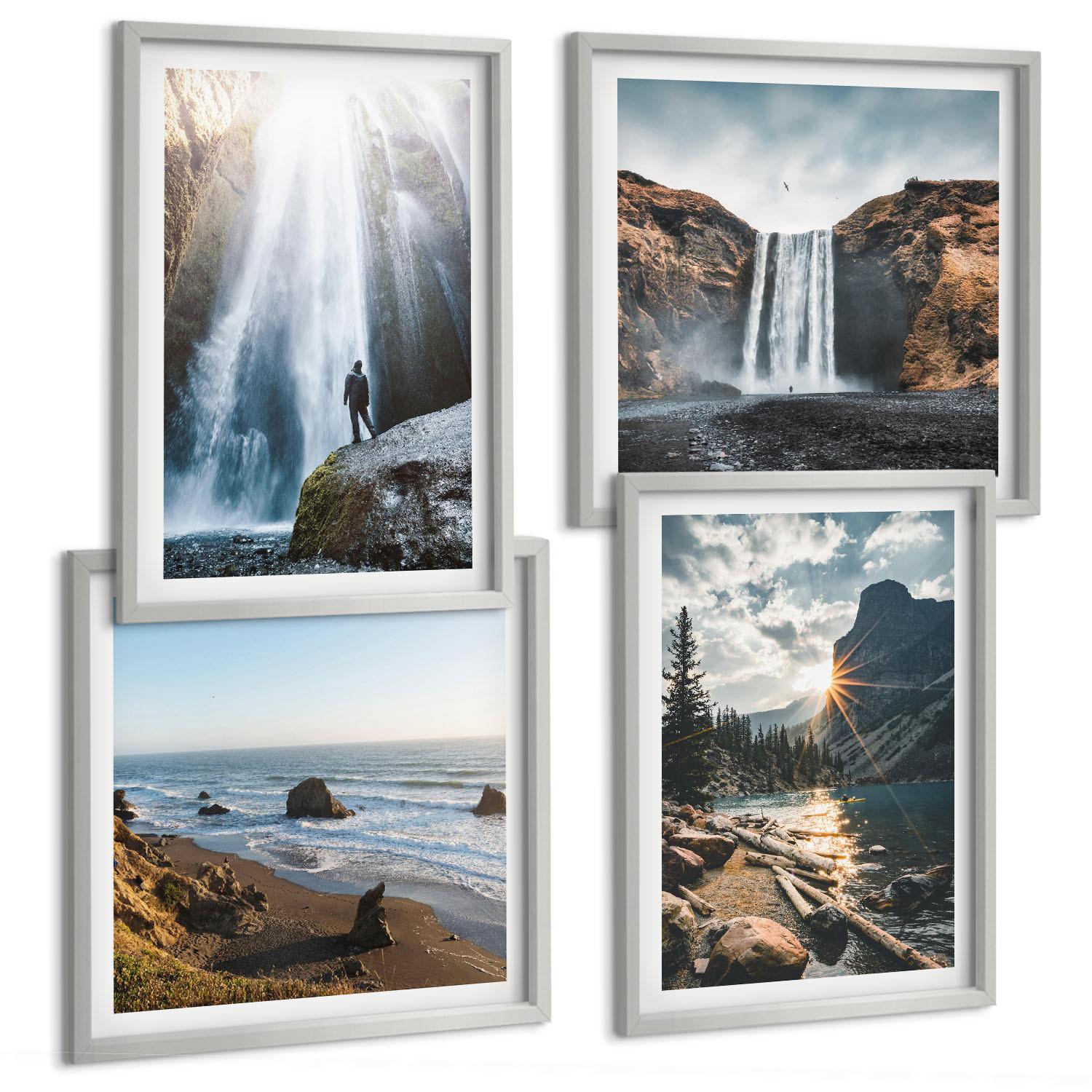 BILDER SET 4er Set - 50x50 cm & 40x60 cm Silberner Rahmen - Wasserfälle, Berge, Landschaften, Natur - Silberfarben, Kunststoff (50/50cm) - TULUP